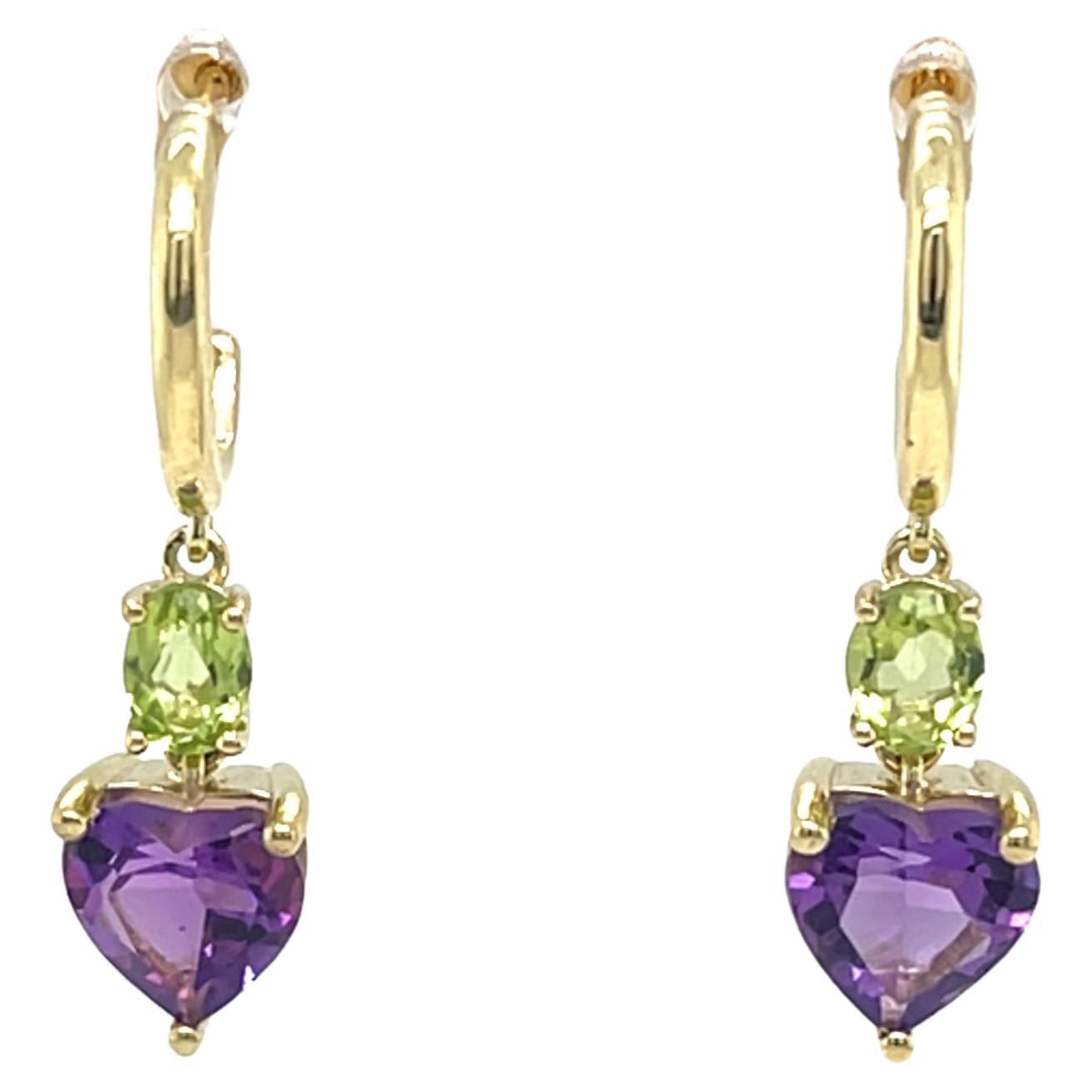 14ct Yellow Gold Heart Shape Amethyst & Peridot Drop Earrings