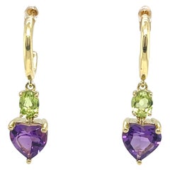 14ct Yellow Gold Heart Shape Amethyst & Peridot Drop Earrings