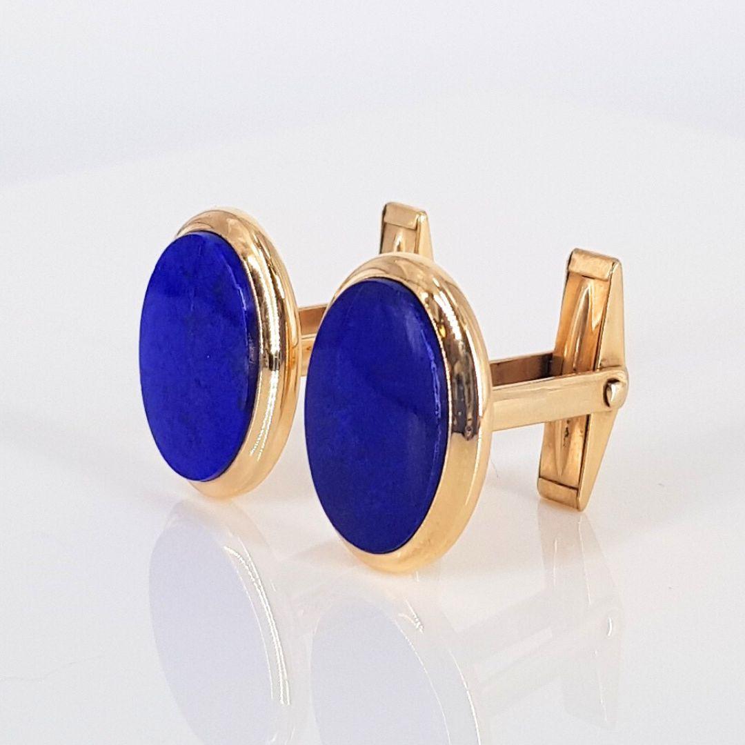 Oval Cut 14ct Yellow Gold Lapis Cuff Links For Sale