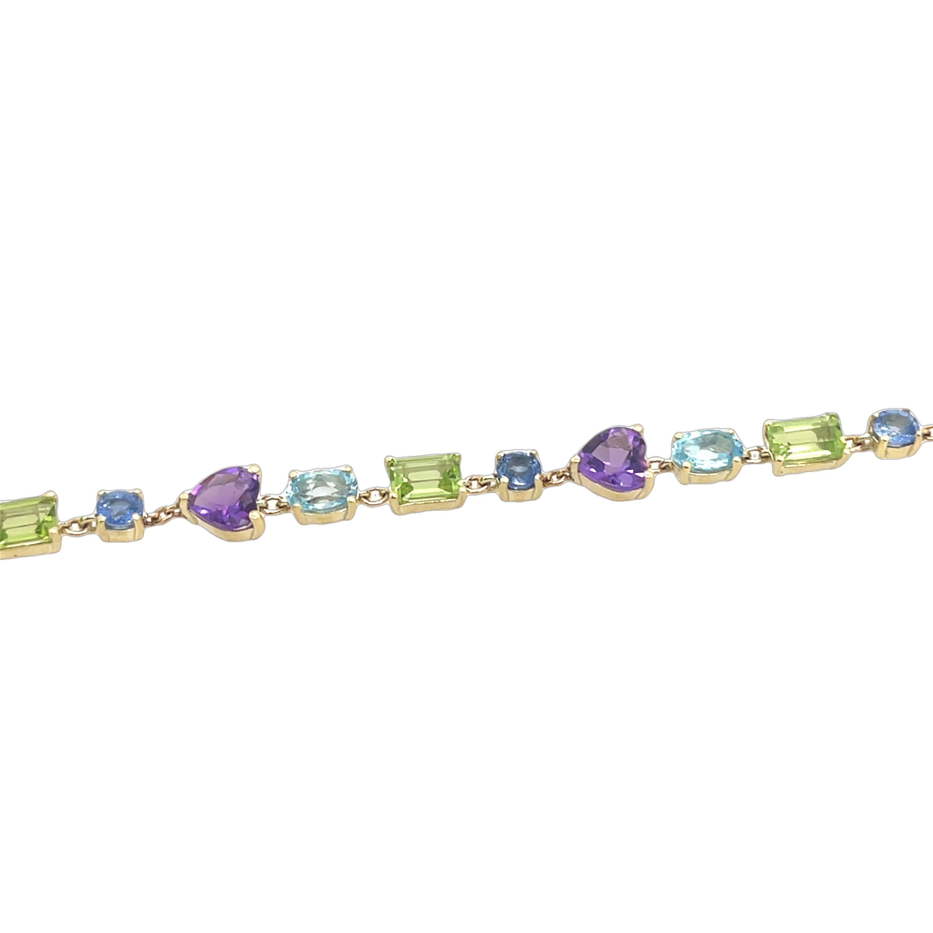 Heart Cut 14ct Yellow Gold Multi Coloured Stone Bracelet, Set with Semi Precious Gemstones For Sale