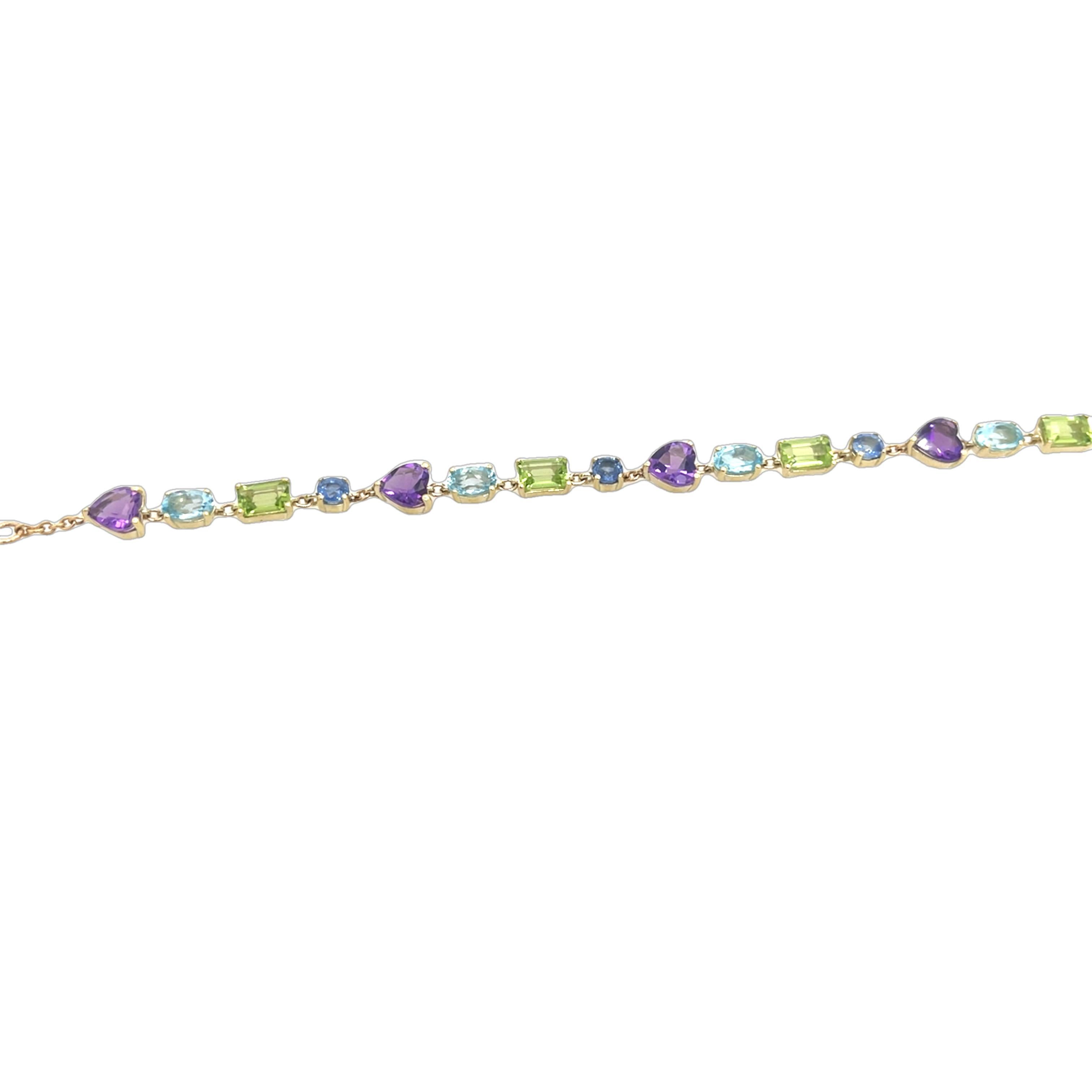 14ct Yellow Gold Multi Coloured Stone Bracelet, Set with Semi Precious Gemstones In New Condition For Sale In London, GB