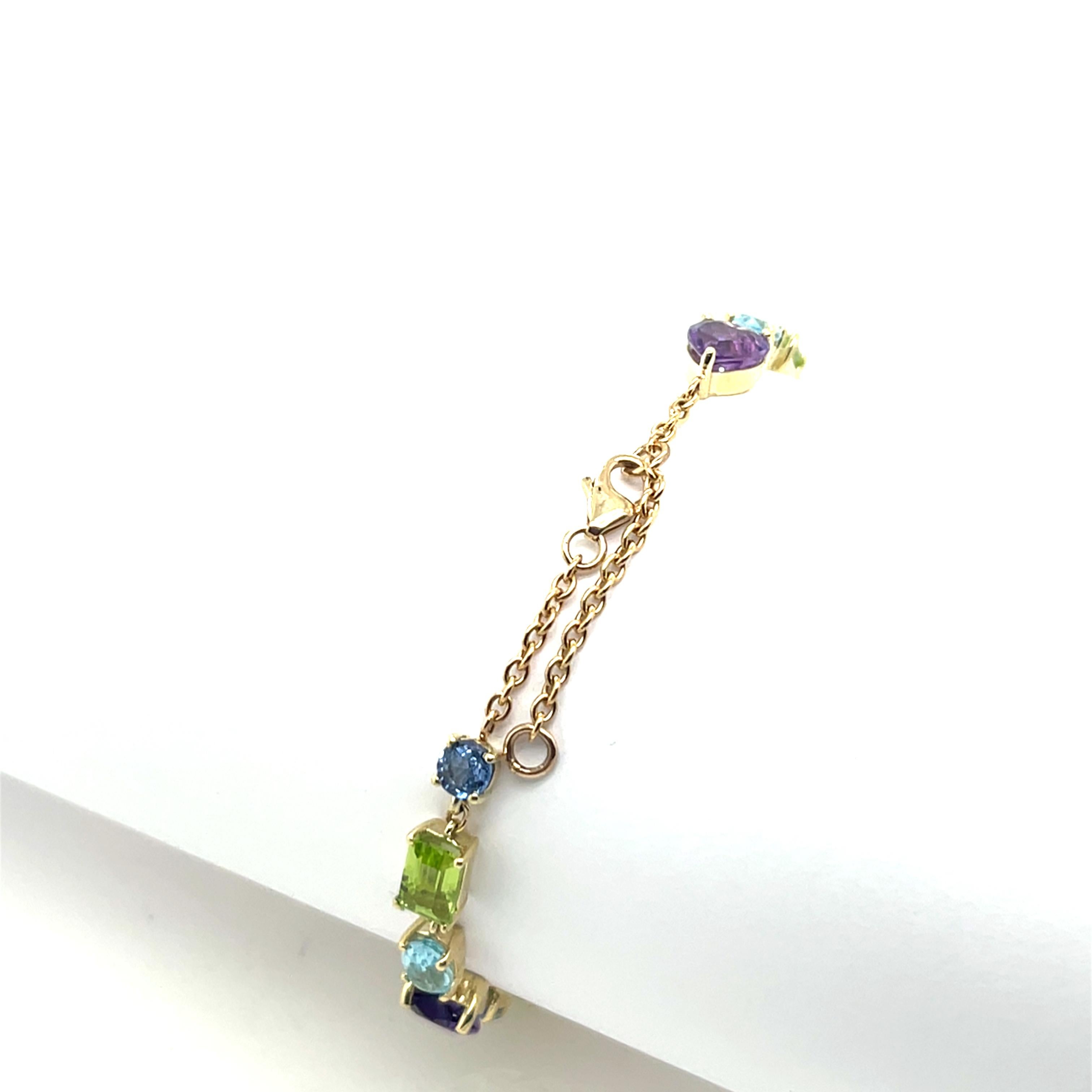 Women's or Men's 14ct Yellow Gold Multi Coloured Stone Bracelet, Set with Semi Precious Gemstones For Sale