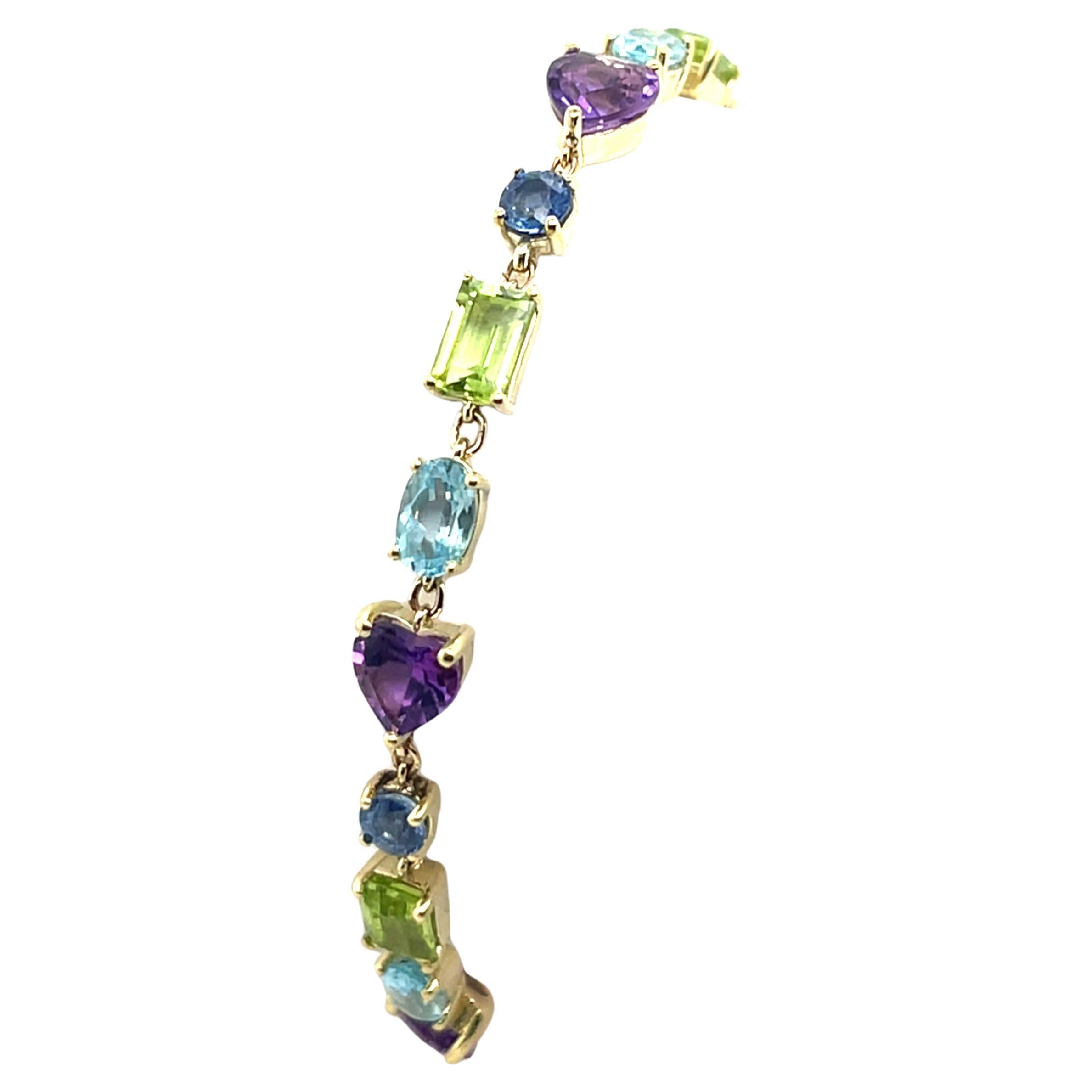 14ct Yellow Gold Multi Coloured Stone Bracelet, Set with Semi Precious Gemstones For Sale
