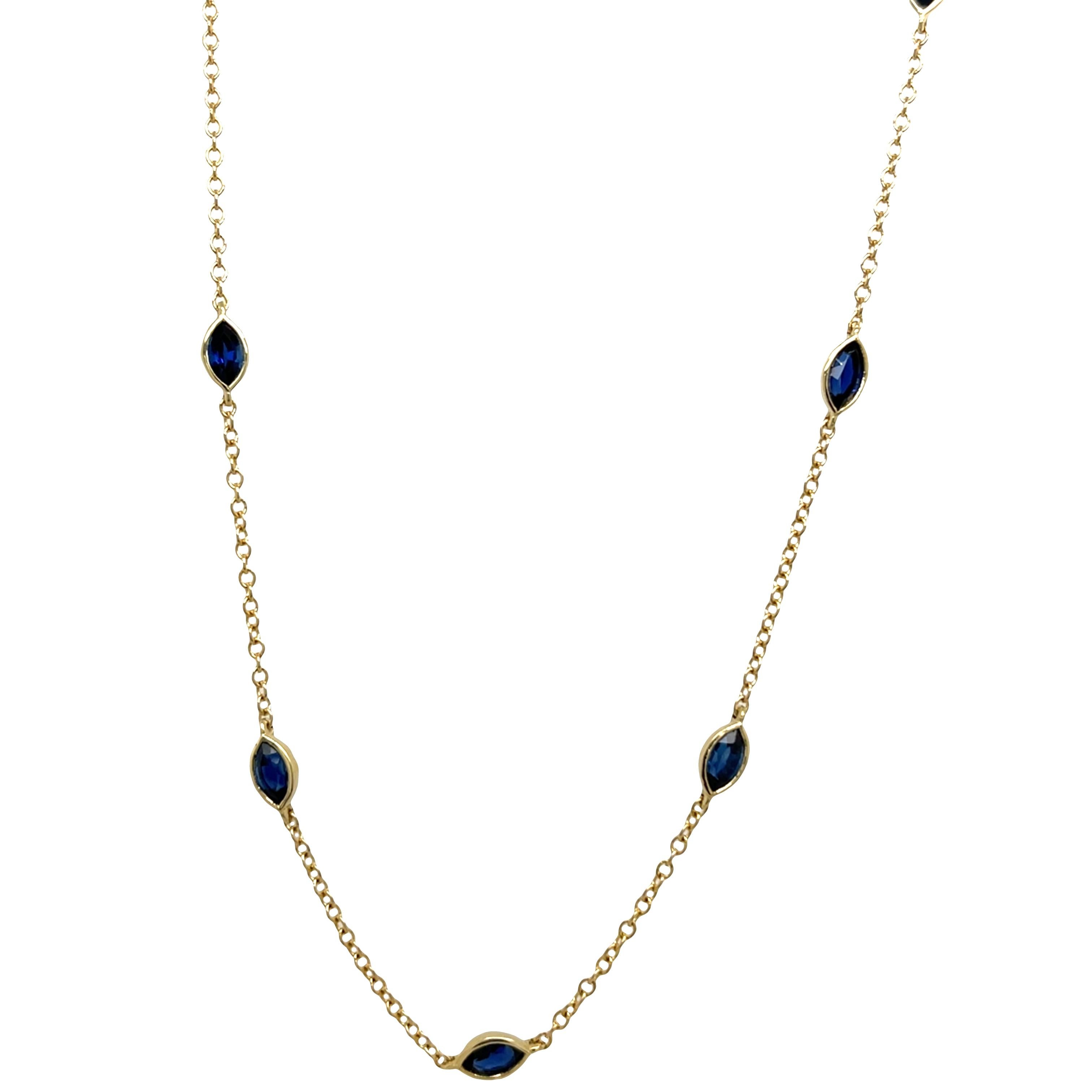 Taglio marquise 14ct Yellow Gold Natural Sapphire Necklace in vendita