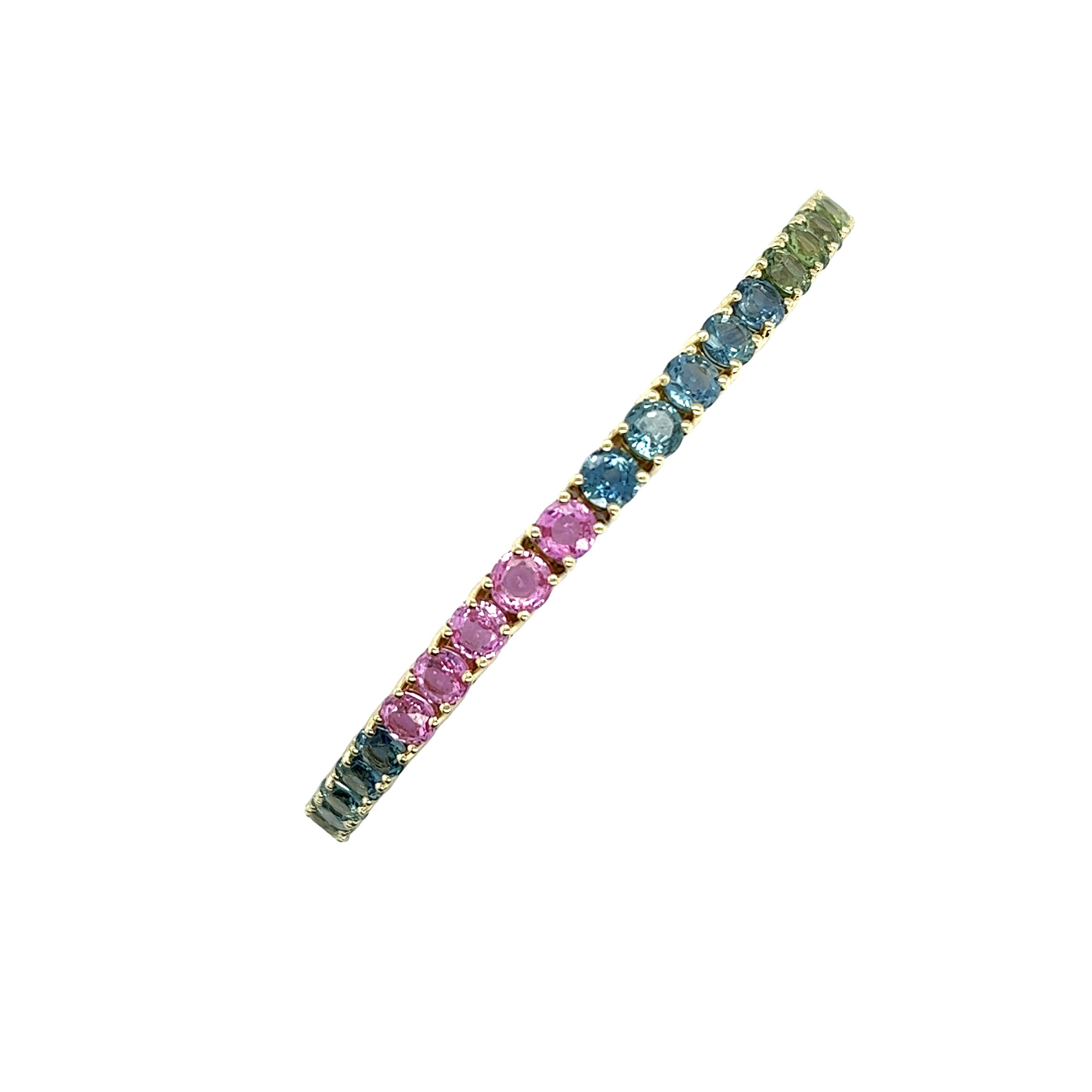 Round Cut 14ct Yellow Gold Natural Sapphires Rainbow Bracelet For Sale