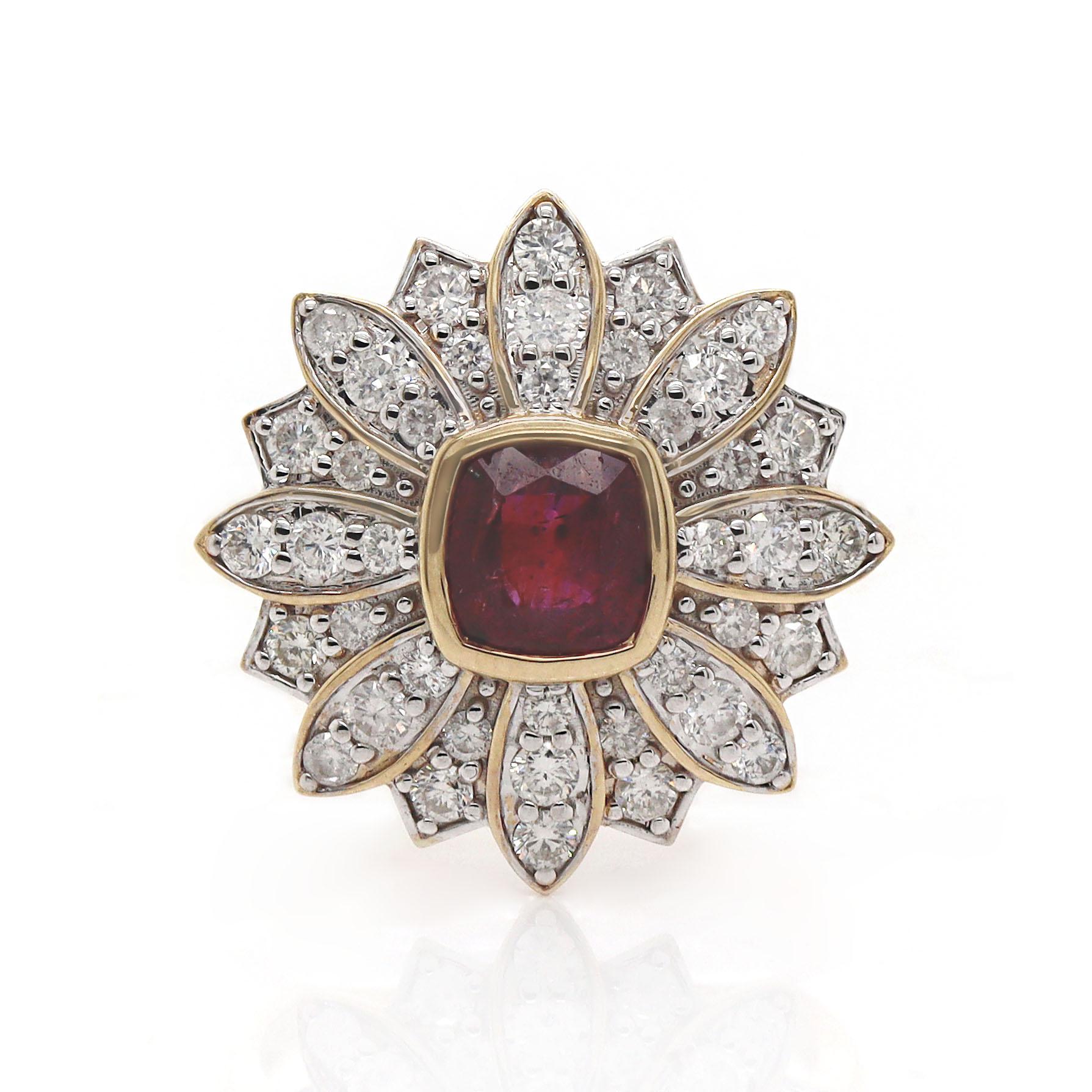 Cushion Cut 14CT Yellow Gold No Heat Ruby And Diamond Floral Ring For Sale