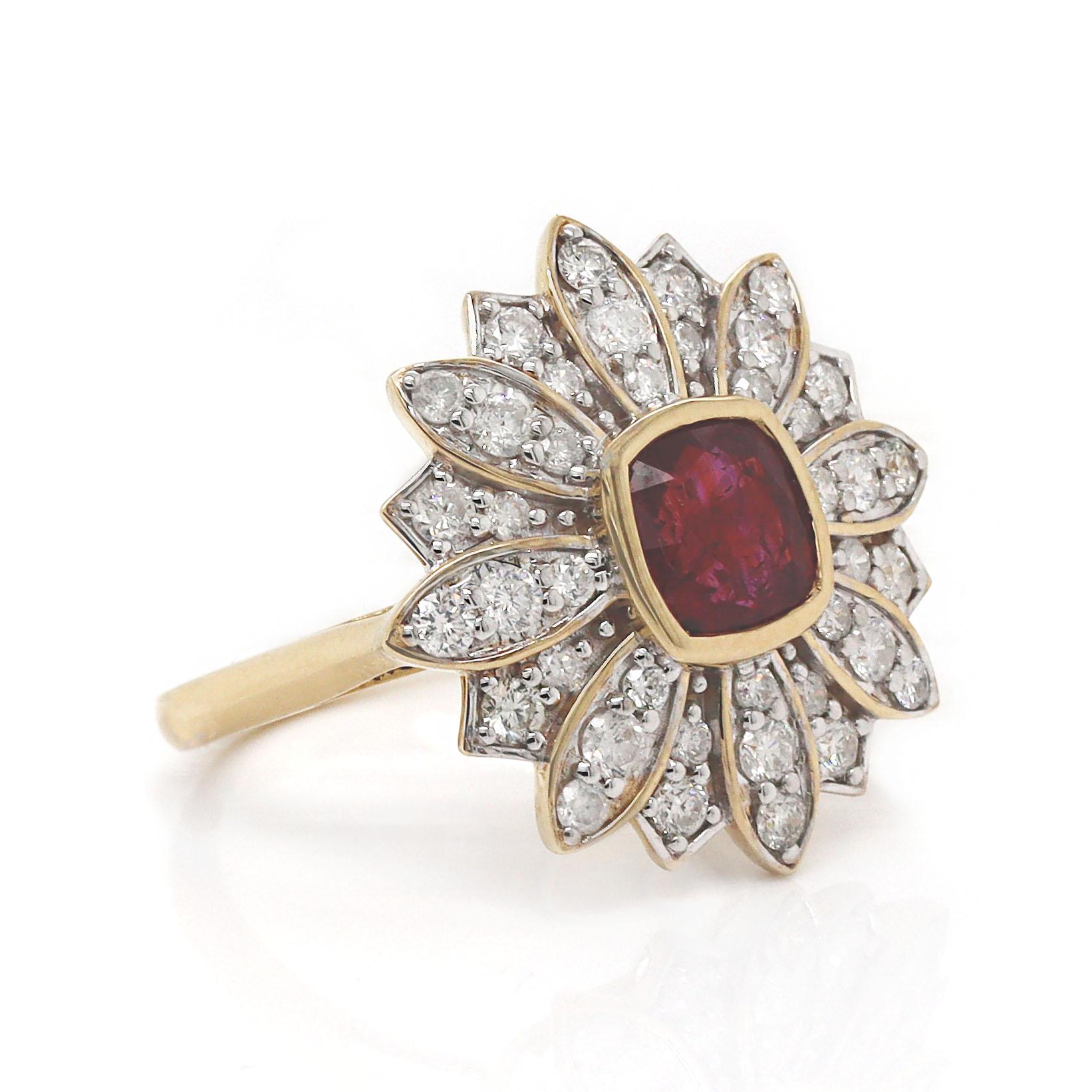 14CT Yellow Gold No Heat Ruby And Diamond Floral Ring In New Condition For Sale In Sydney, NSW