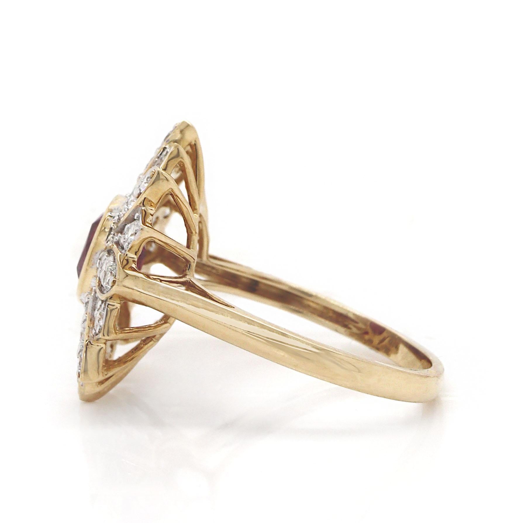 Women's or Men's 14CT Yellow Gold No Heat Ruby And Diamond Floral Ring For Sale