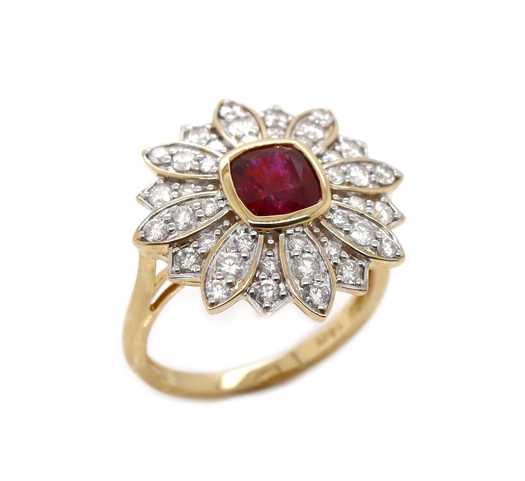 14CT Yellow Gold No Heat Ruby And Diamond Floral Ring

This floral design ring elegantly displays a captivating purplish-red cushion cut no heat Ruby, exudes a romantic allure that draws the eye. While accentuating with the dazzle of forty round