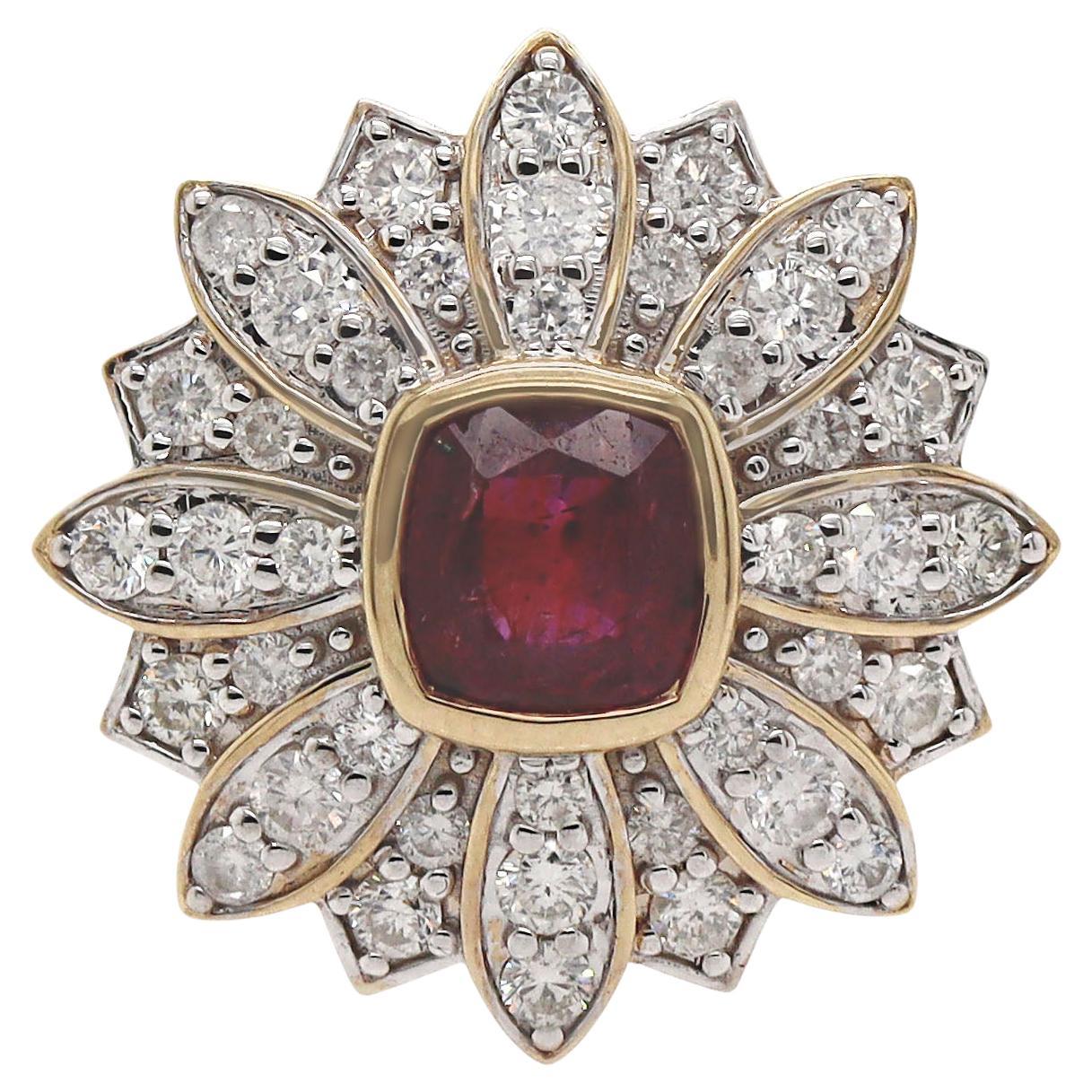 14CT Yellow Gold No Heat Ruby And Diamond Floral Ring