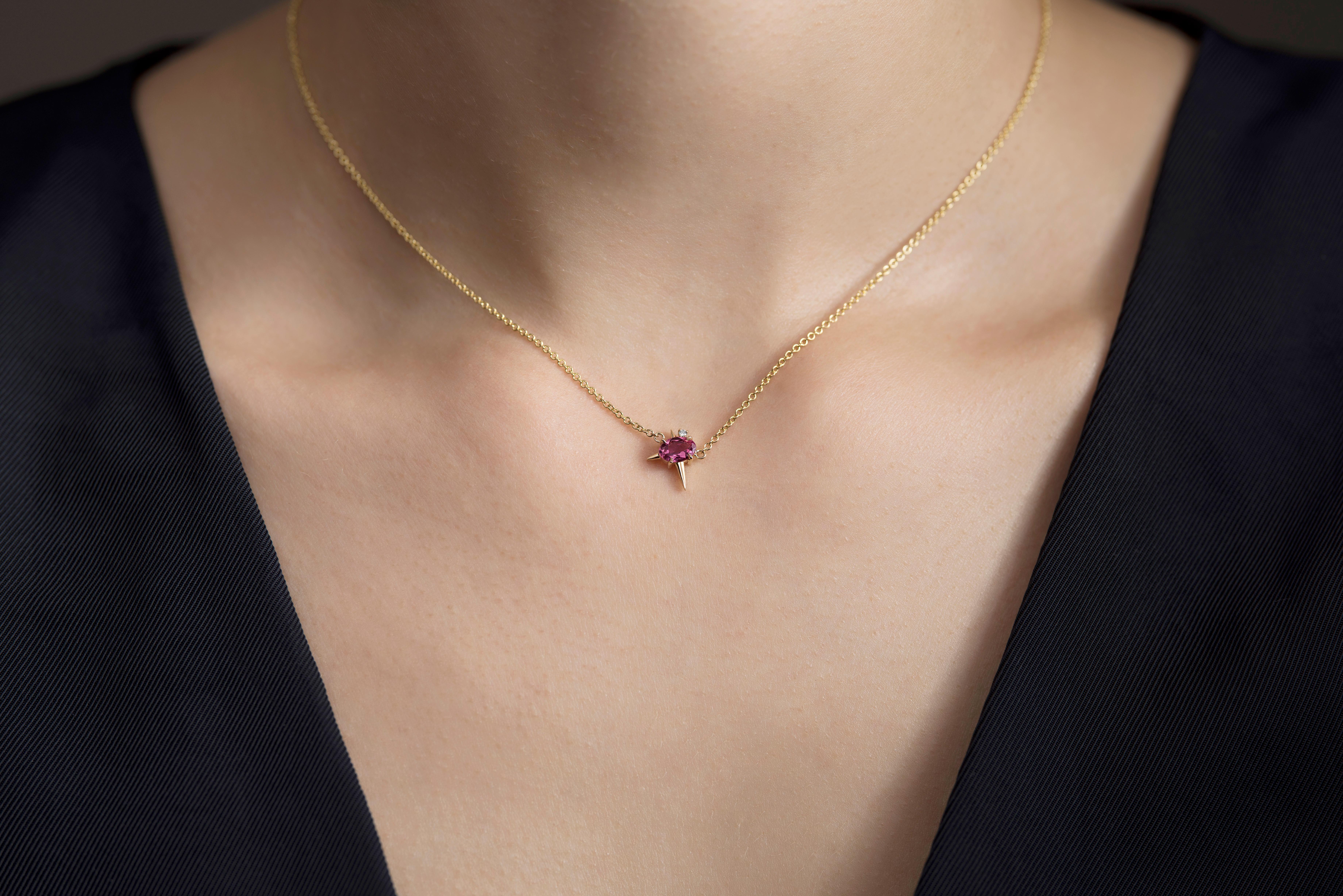 - Adjustable Cable Chain - Longest at 18inches (45cm)
- Approx 9mm long x 8mm wide
- Oval Shape Pink Tourmaline 6mm x 4mm 
- Pink Tourmaline Total Carat Weight 0.50ct Approx
- 1 x Round Brilliant Cut Diamond F-VS 0.01ct
- Total Gold Weight Approx