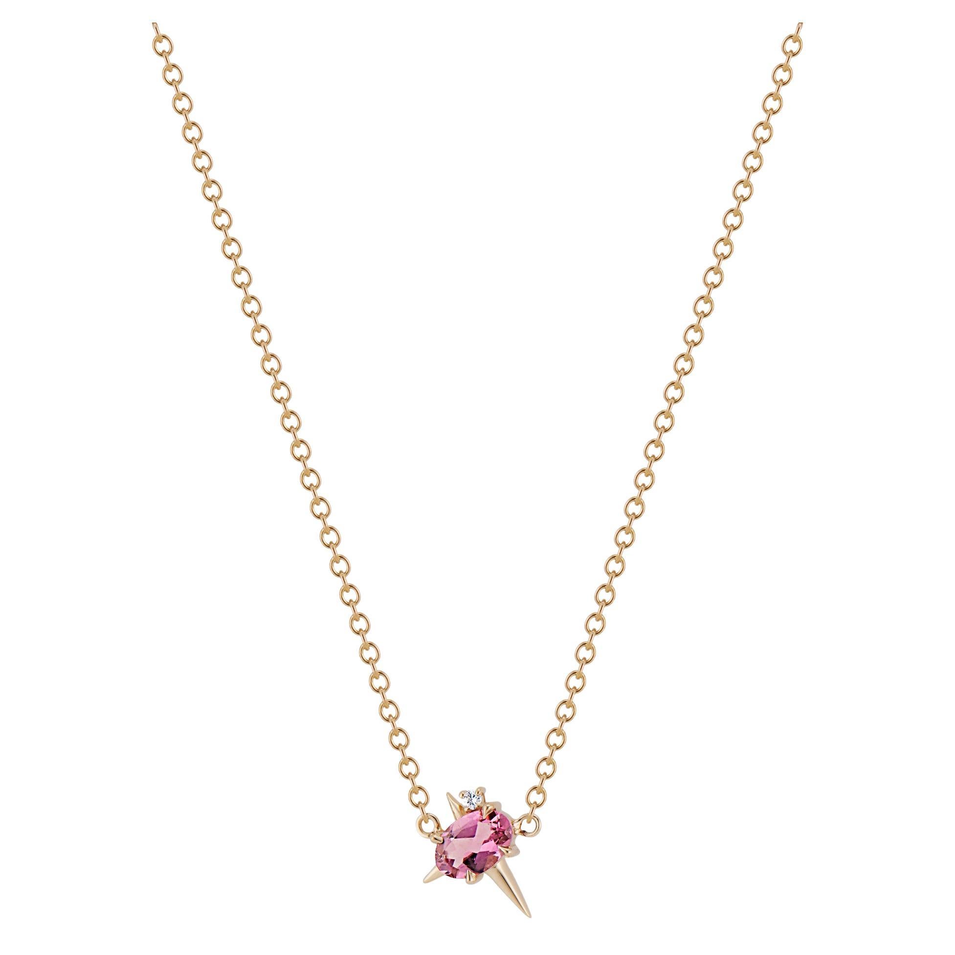 14ct Yellow Gold Oval Pink Tourmaline & Diamond Spike Necklace