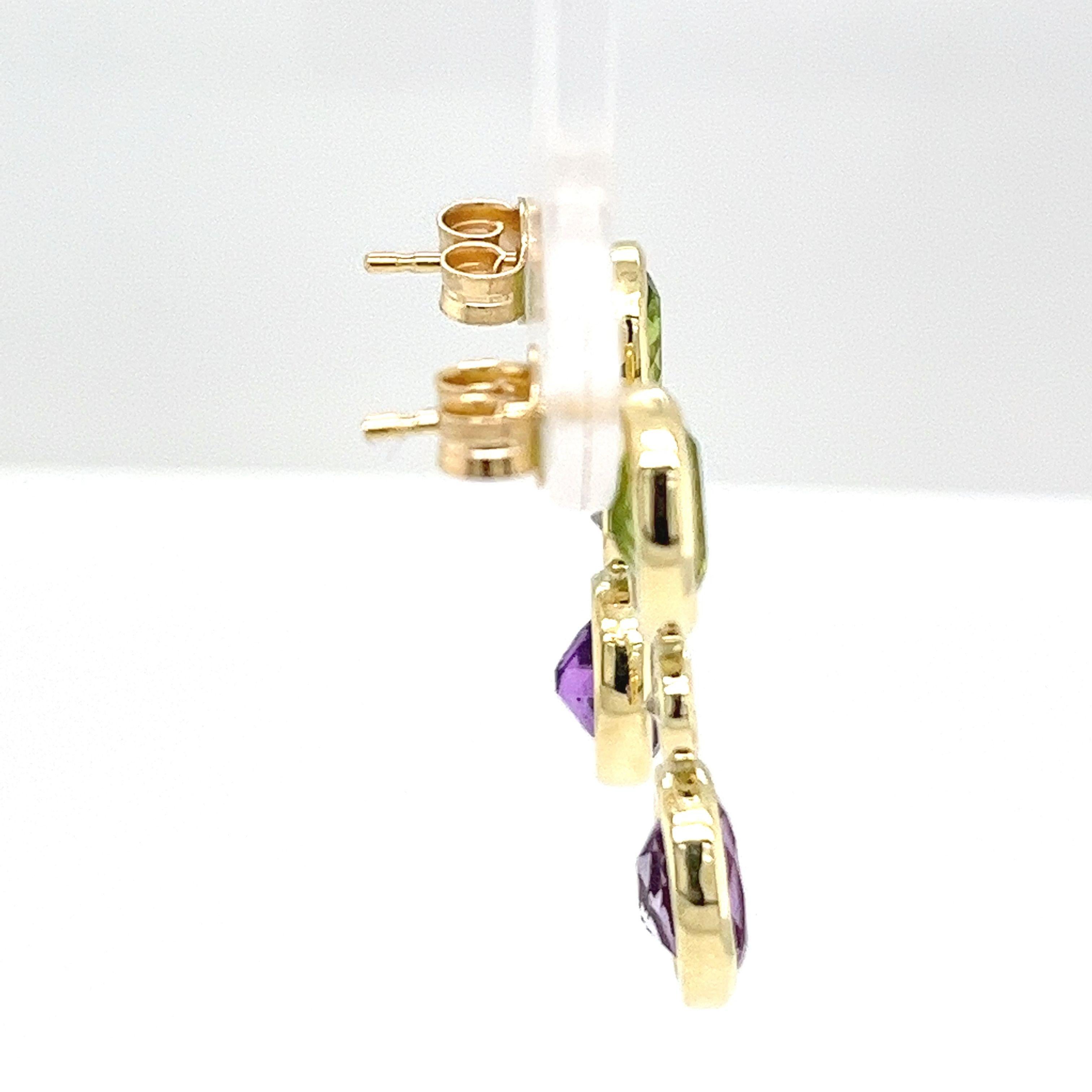 Oval Cut 14ct Yellow Gold Peridot, Amethyst and Diamond Drop Earrings For Sale