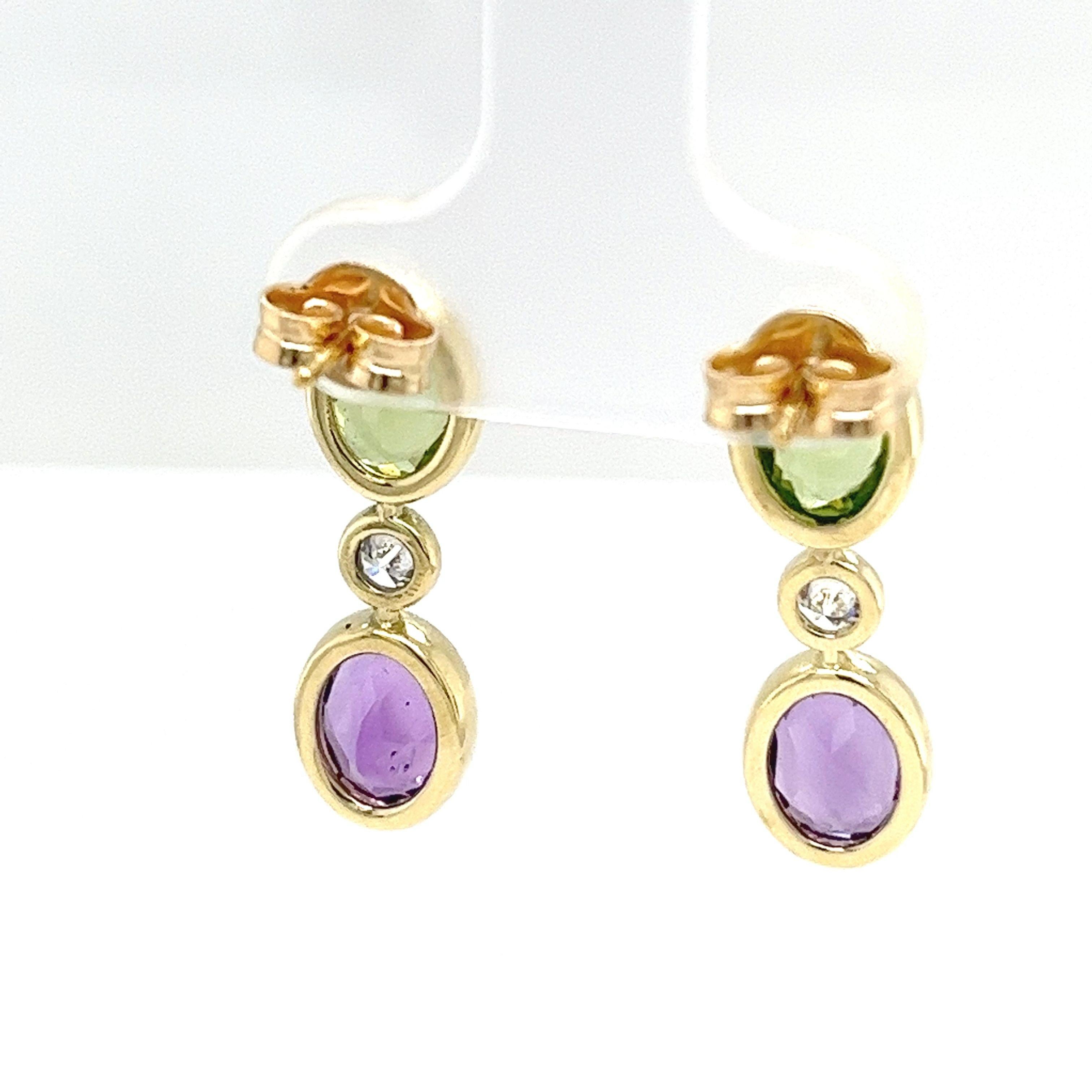 14ct Yellow Gold Peridot, Amethyst and Diamond Drop Earrings In New Condition For Sale In London, GB