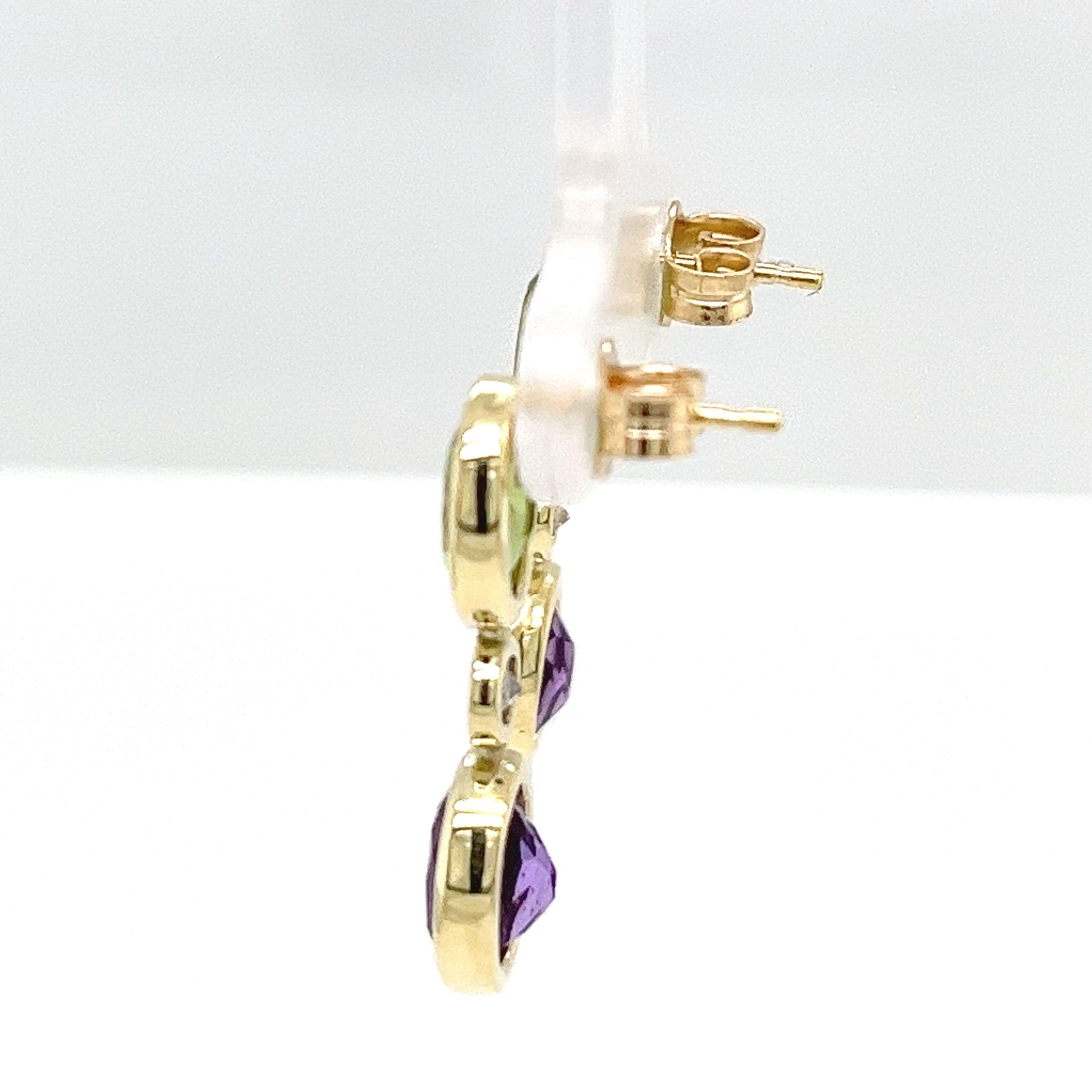 Women's or Men's 14ct Yellow Gold Peridot, Amethyst and Diamond Drop Earrings For Sale