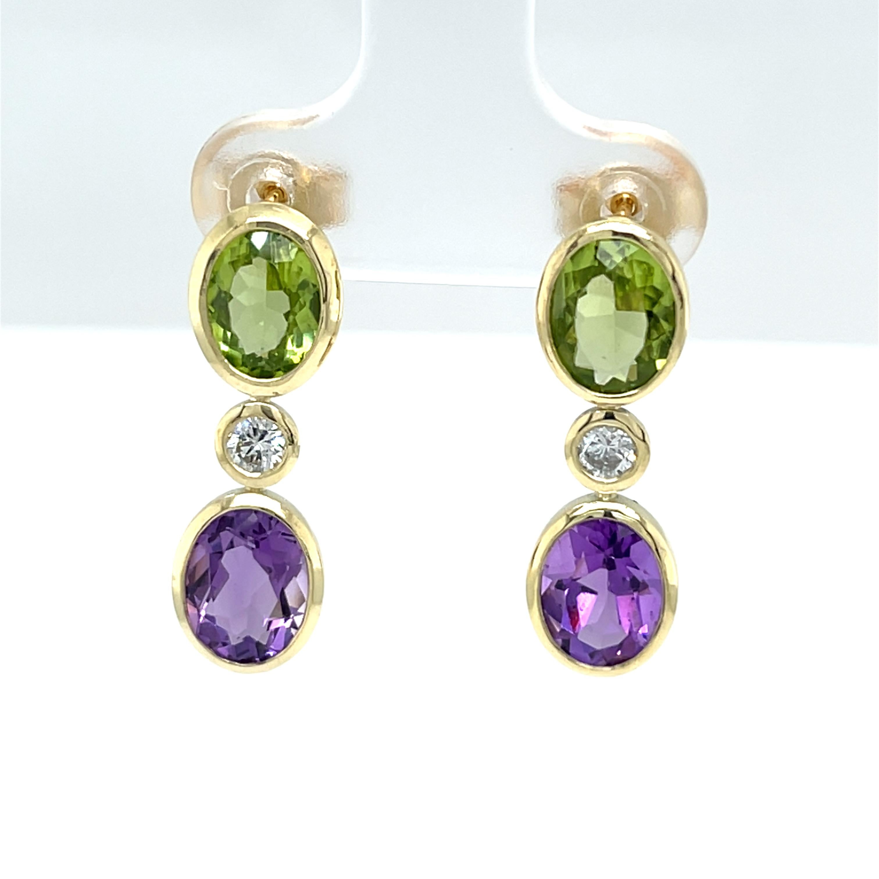 14ct Yellow Gold Peridot, Amethyst and Diamond Drop Earrings For Sale 1