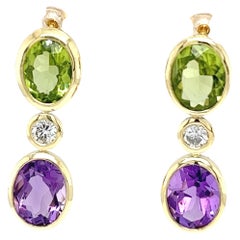 Pendientes de Gota de Oro Amarillo 14ct Peridoto, Amatista y Diamante