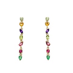 14ct Yellow Gold Peridot, Citrine, Amethyst, Pink Sapphire Emerald Drop Earrings