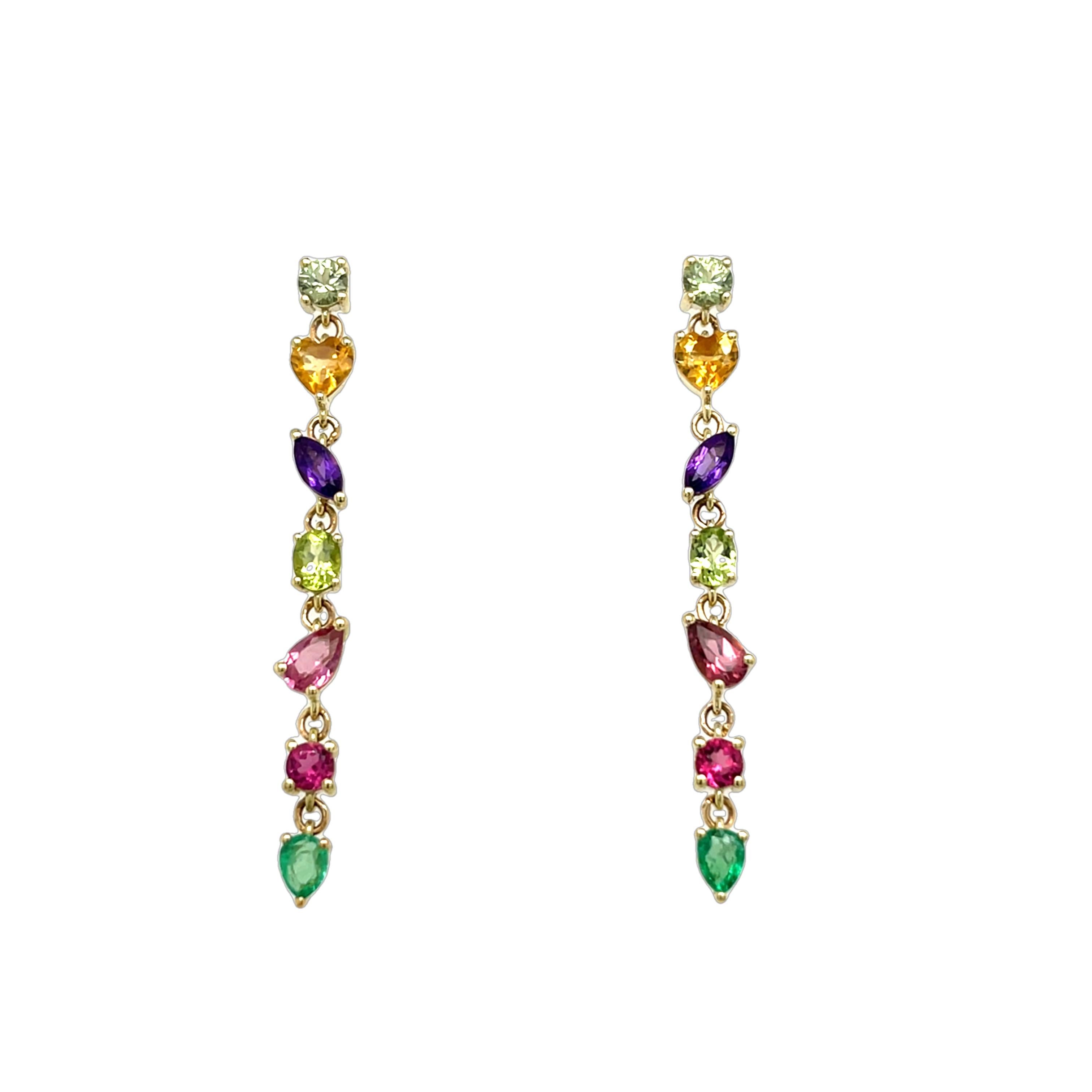 Round Cut 14ct Yellow Gold Peridot, Citrine, Amethyst, Pink Sapphire Emerald Drop Earrings For Sale