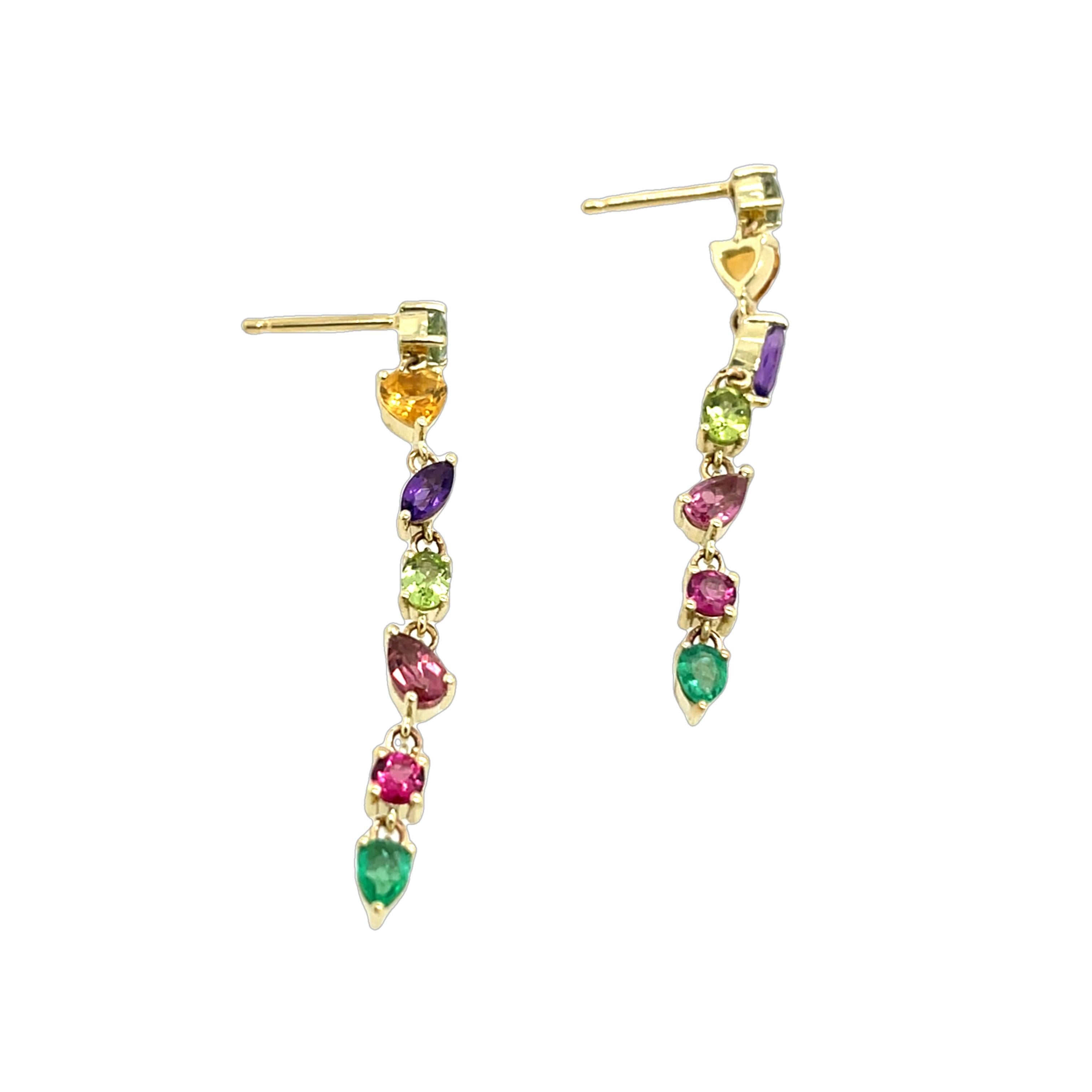 14ct Yellow Gold Peridot, Citrine, Amethyst, Pink Sapphire Emerald Drop Earrings In New Condition For Sale In London, GB