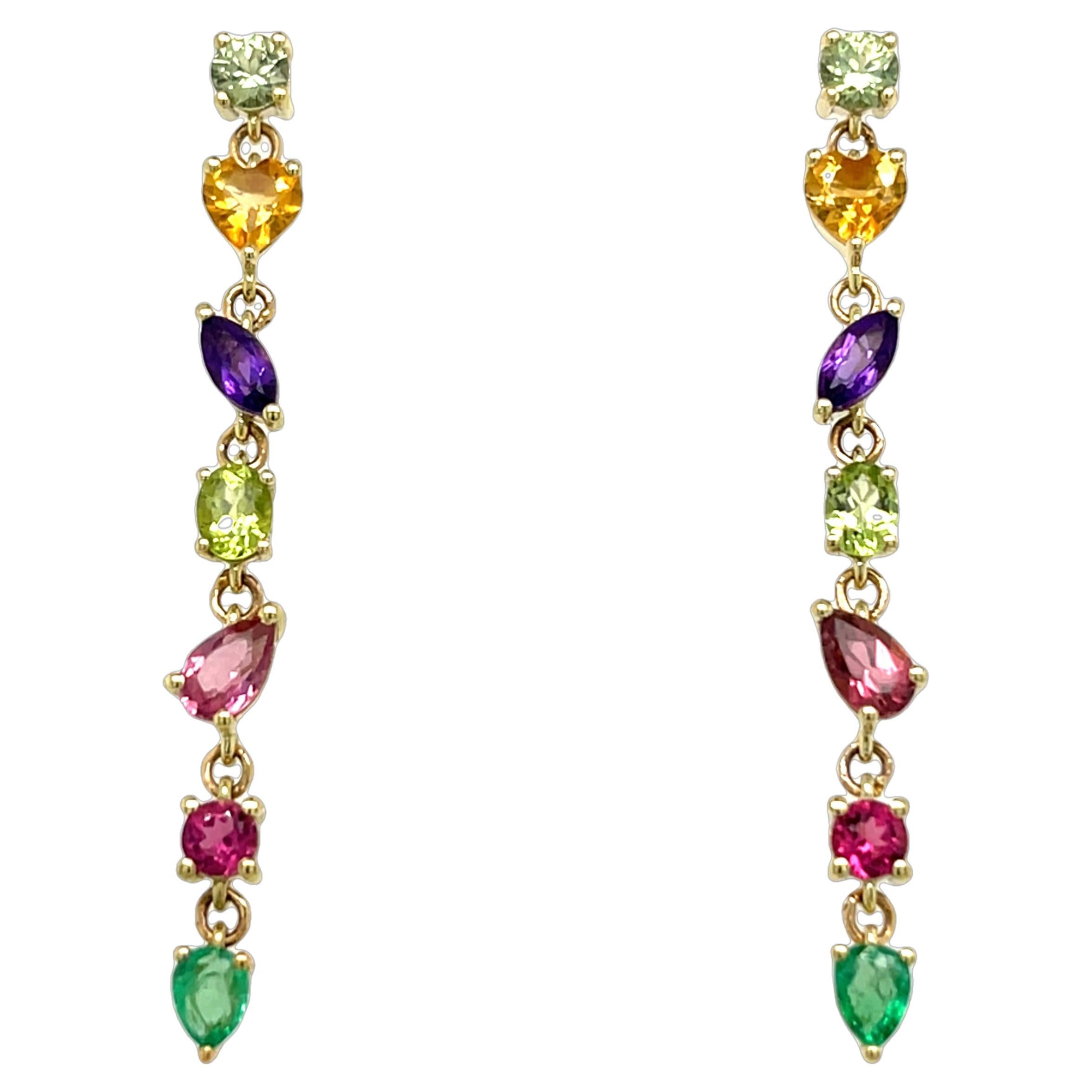 14ct Yellow Gold Peridot, Citrine, Amethyst, Pink Sapphire Emerald Drop Earrings
