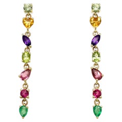 Boucles d'oreilles pendantes en or jaune 14 carats, citrine, améthyste, saphir rose et émeraude