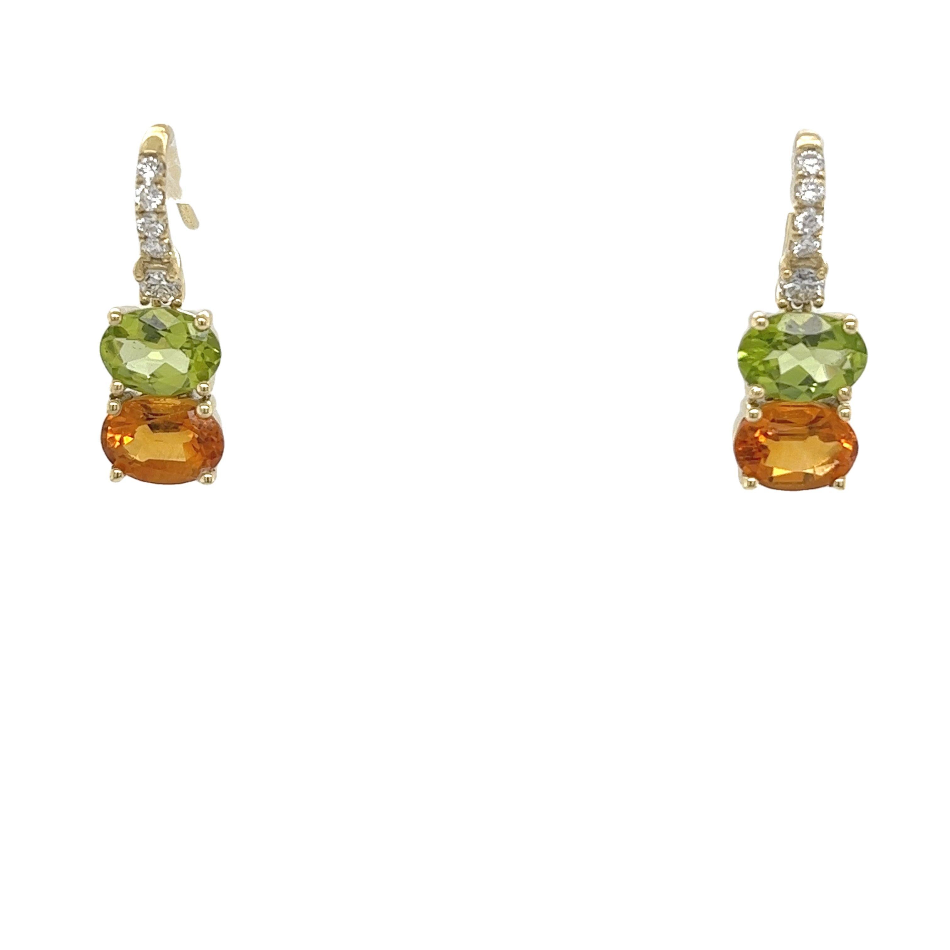Boucles d'oreilles pendantes en or jaune 14ct avec péridot, citrine et diamant en vente 1