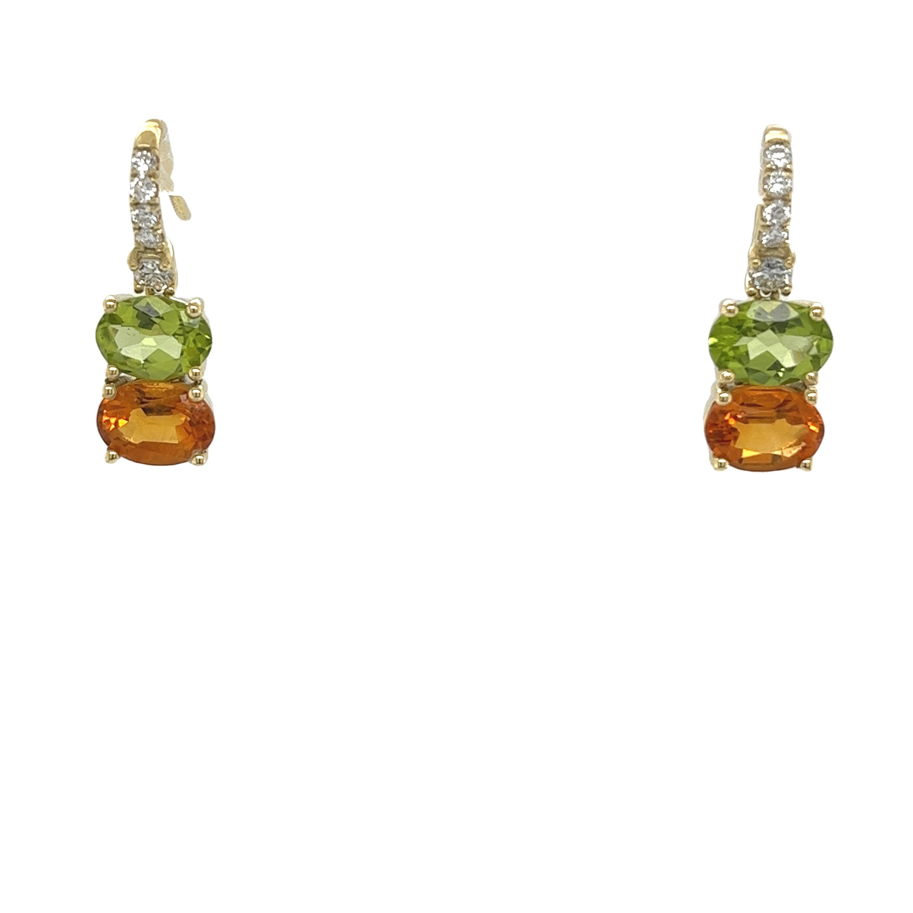 Boucles d'oreilles pendantes en or jaune 14ct avec péridot, citrine et diamant en vente 2