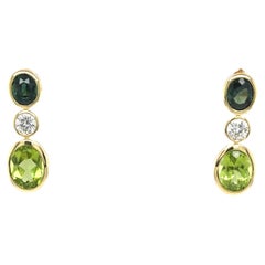 14ct Yellow Gold Peridot, Green Sapphire and Diamond Drop Earrings