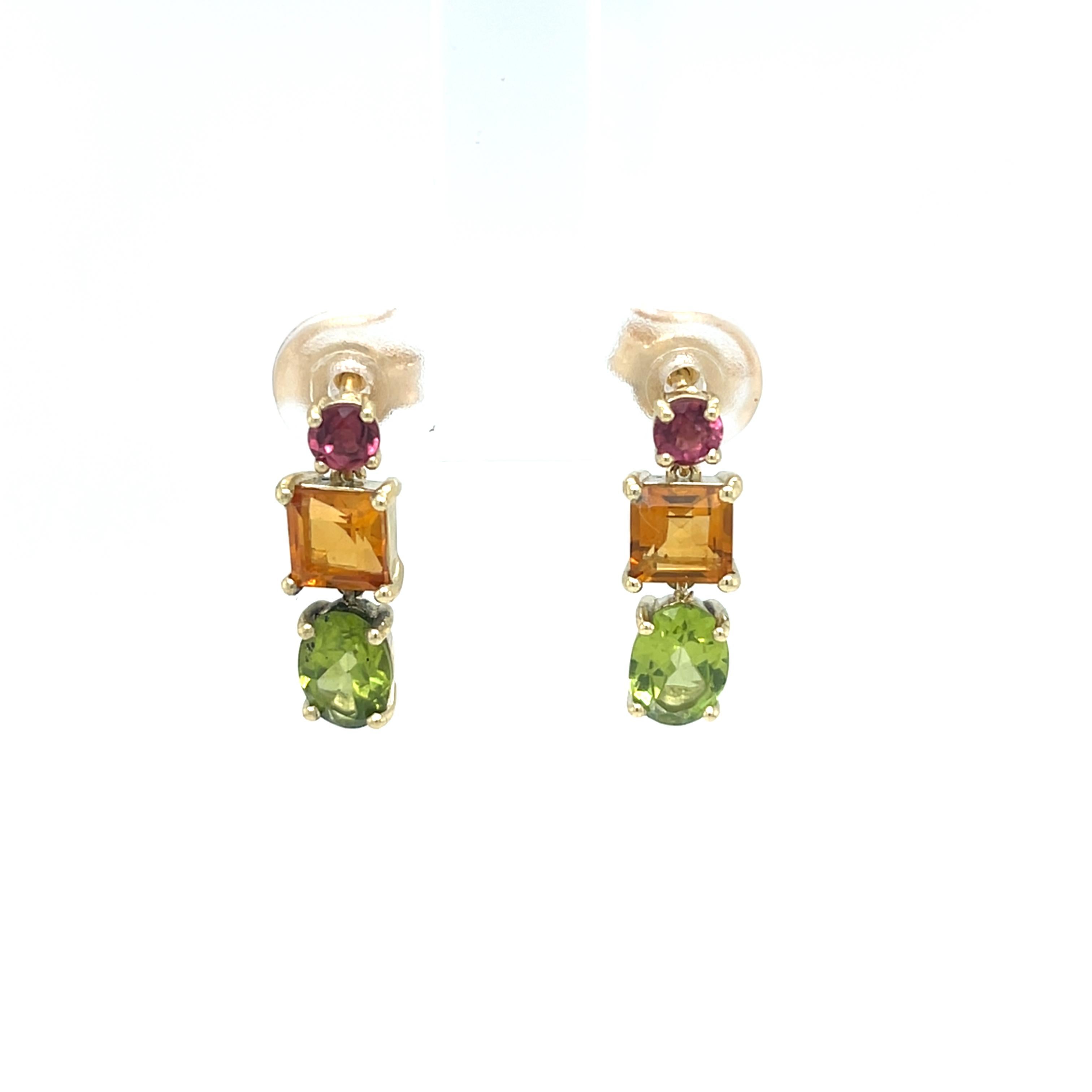 Pendants d'oreilles en or jaune 14 carats, saphir rose, citrine et péridot Unisexe en vente