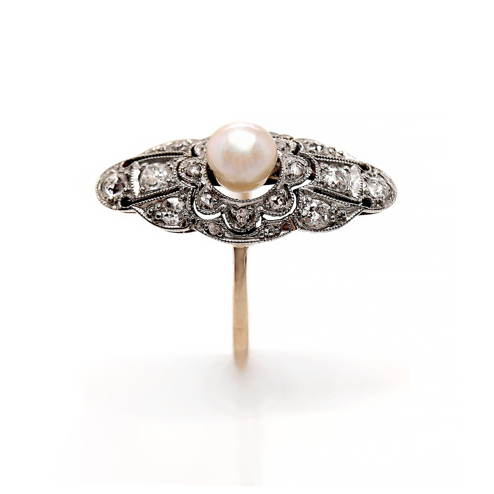Old European Cut 14ct Yellow Gold & Platinum Edwardian Pearl and Diamond Antique Dress Ring For Sale