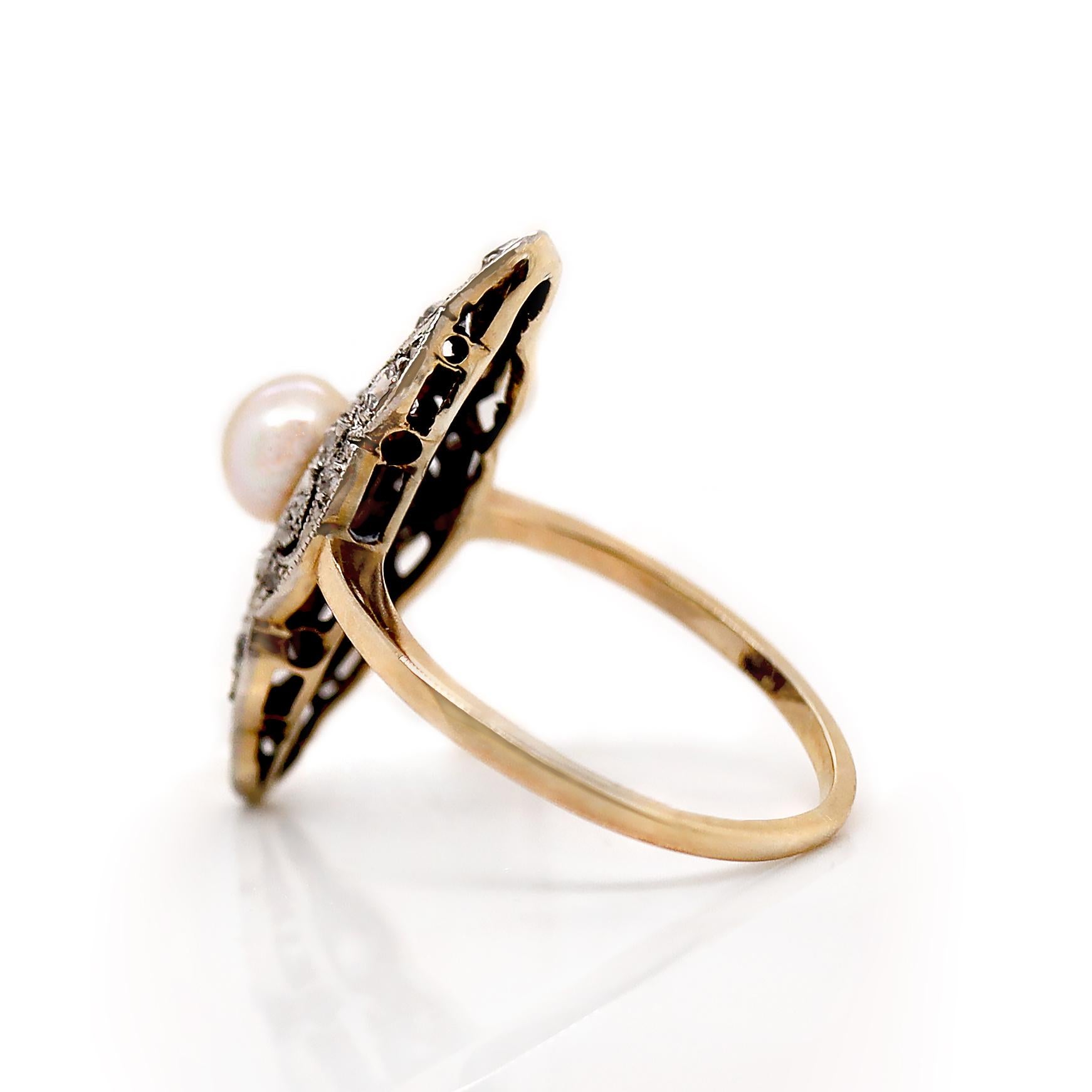 14ct Yellow Gold & Platinum Edwardian Pearl and Diamond Antique Dress Ring In New Condition For Sale In Sydney, NSW