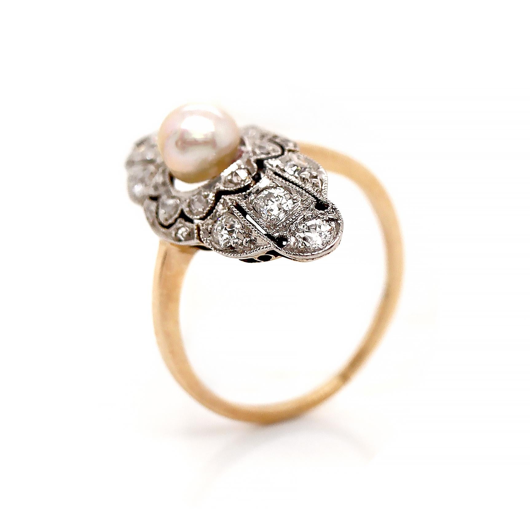 Women's 14ct Yellow Gold & Platinum Edwardian Pearl and Diamond Antique Dress Ring For Sale