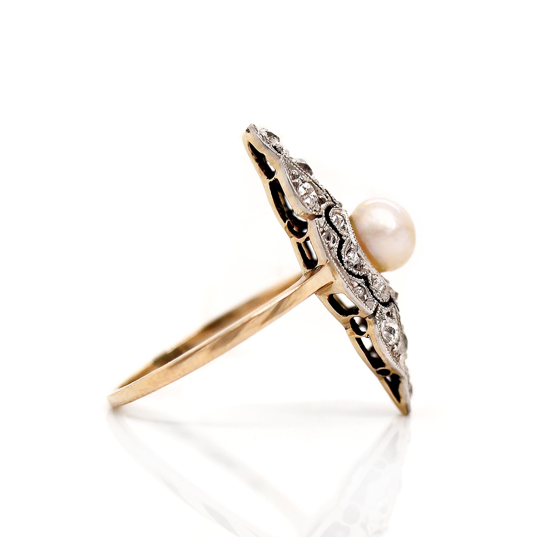 14ct Yellow Gold & Platinum Edwardian Pearl and Diamond Antique Dress Ring For Sale 1