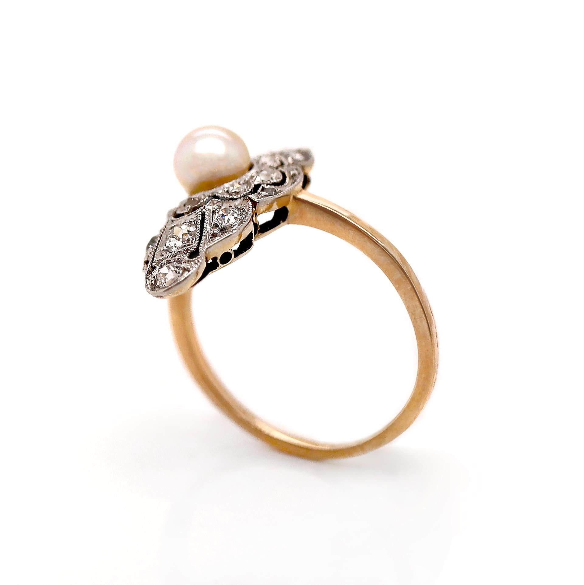 14ct Yellow Gold & Platinum Edwardian Pearl and Diamond Antique Dress Ring For Sale 2