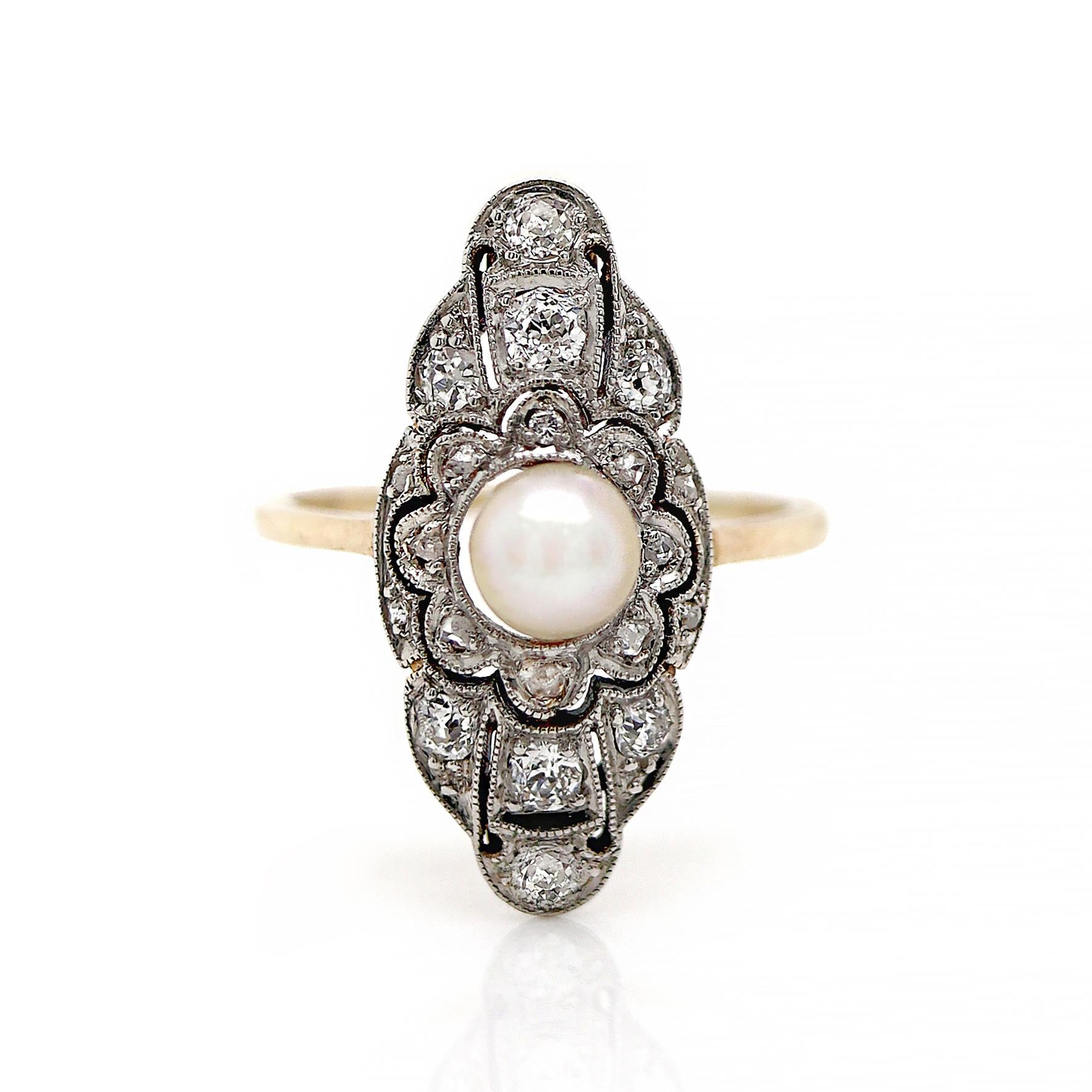 14ct Yellow Gold & Platinum Edwardian Pearl and Diamond Antique Dress Ring For Sale 4
