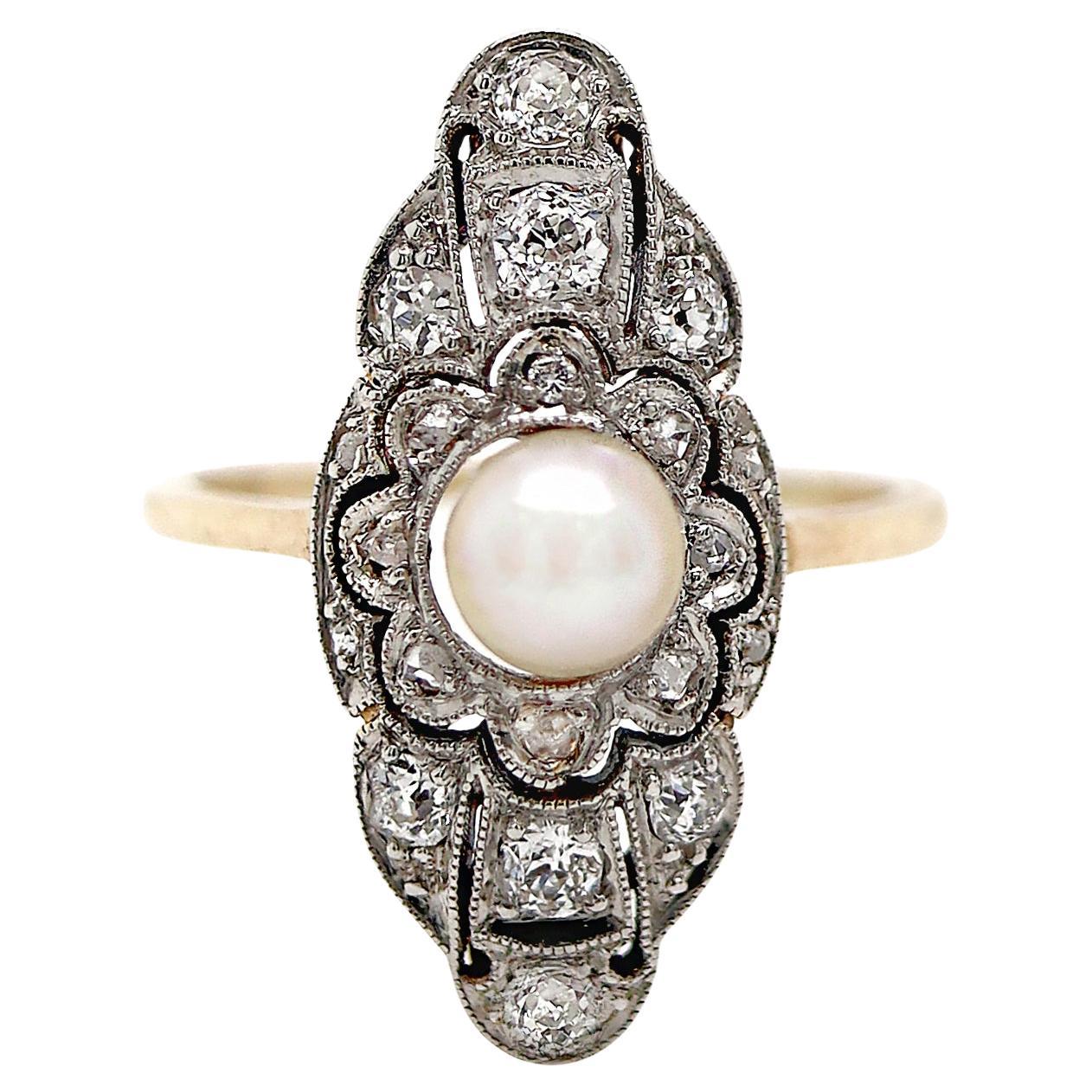 14ct Yellow Gold & Platinum Edwardian Pearl and Diamond Antique Dress Ring