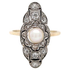 14ct Yellow Gold & Platinum Edwardian Pearl and Diamond Antique Dress Ring
