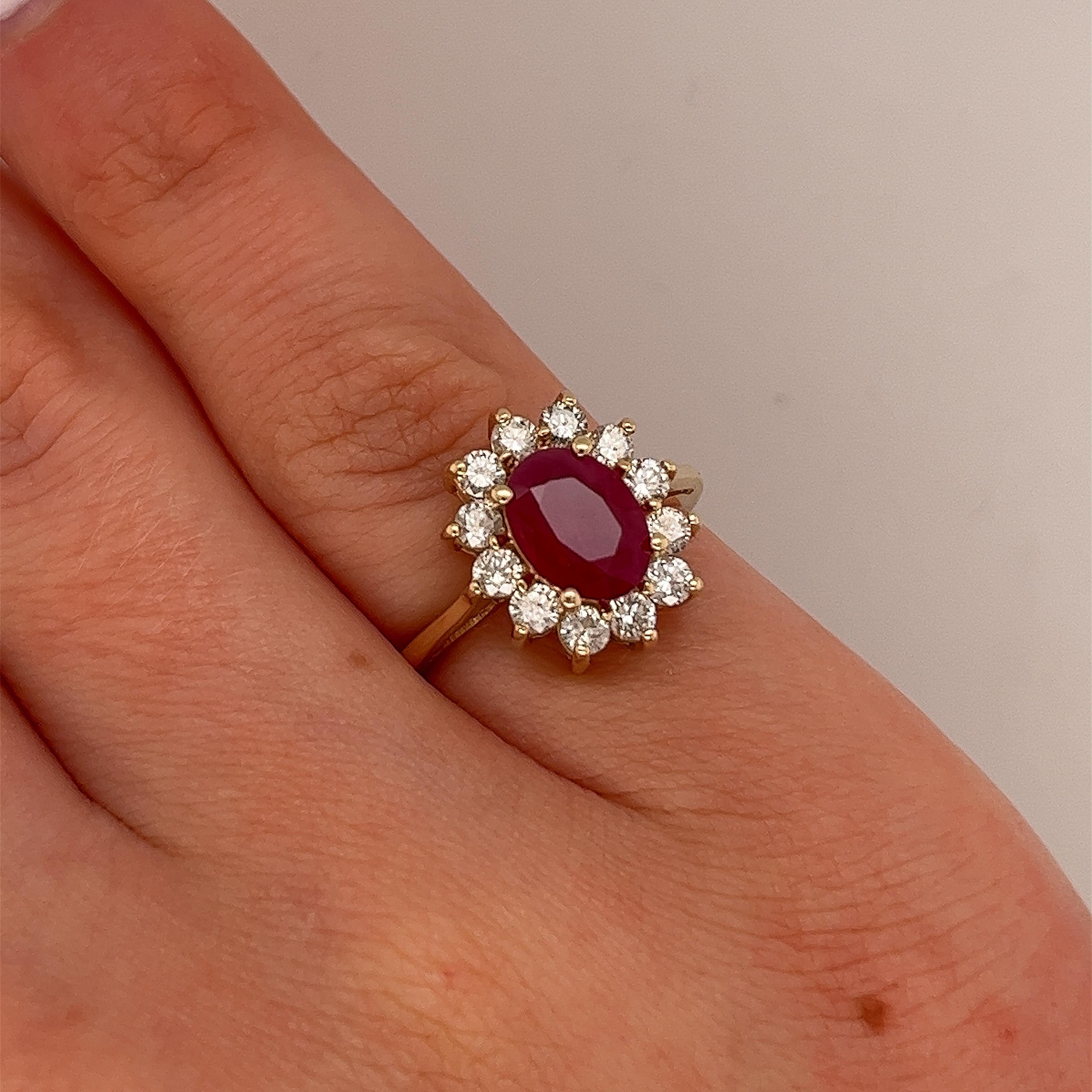 14ct Yellow Gold Ruby and Diamond Cluster Ring, 0.50ct Diamonds In Excellent Condition For Sale In London, GB