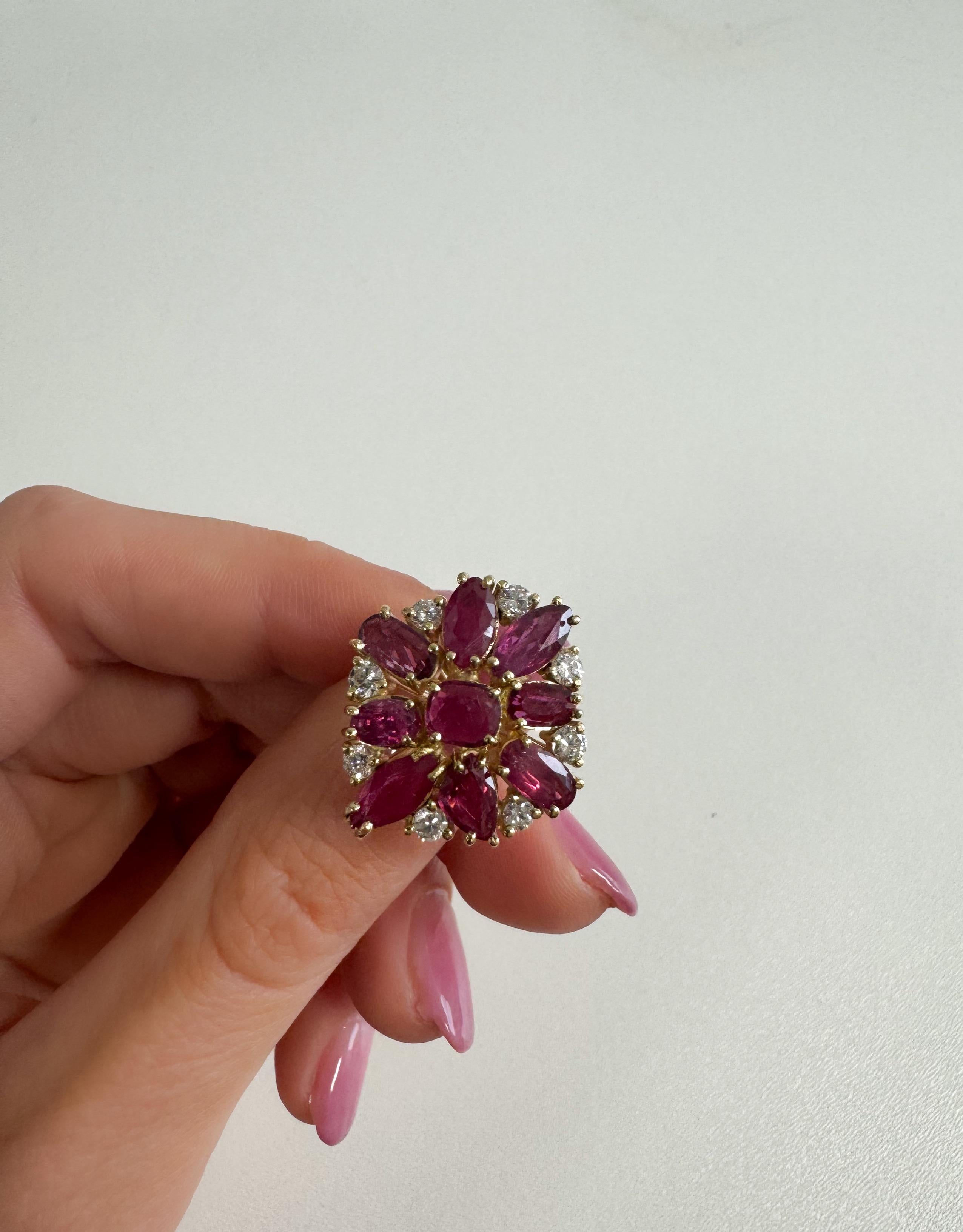 Mixed Cut 14ct Yellow Gold Ruby & Diamond Cocktail Ring For Sale