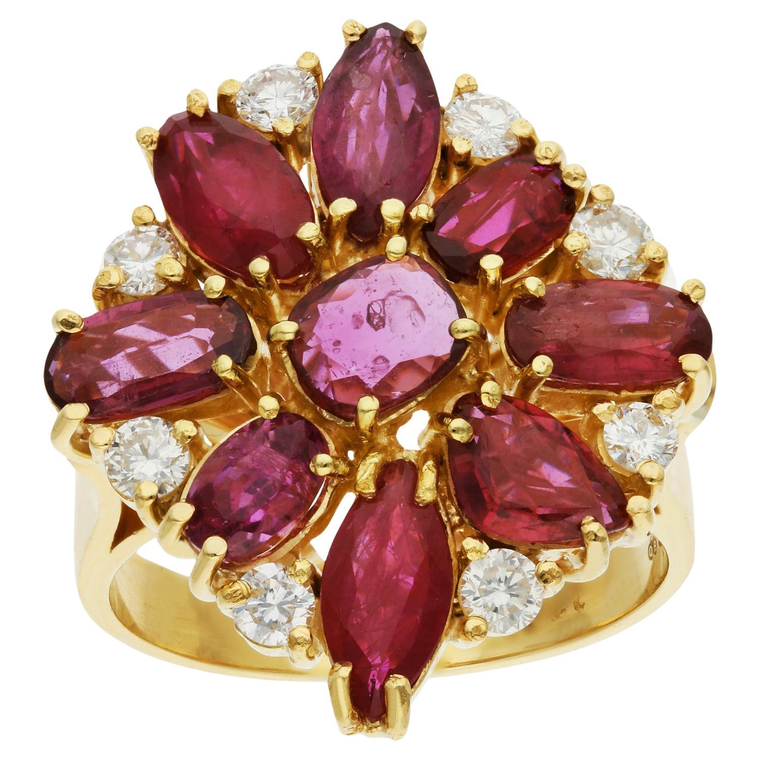 14ct Yellow Gold Ruby & Diamond Cocktail Ring For Sale