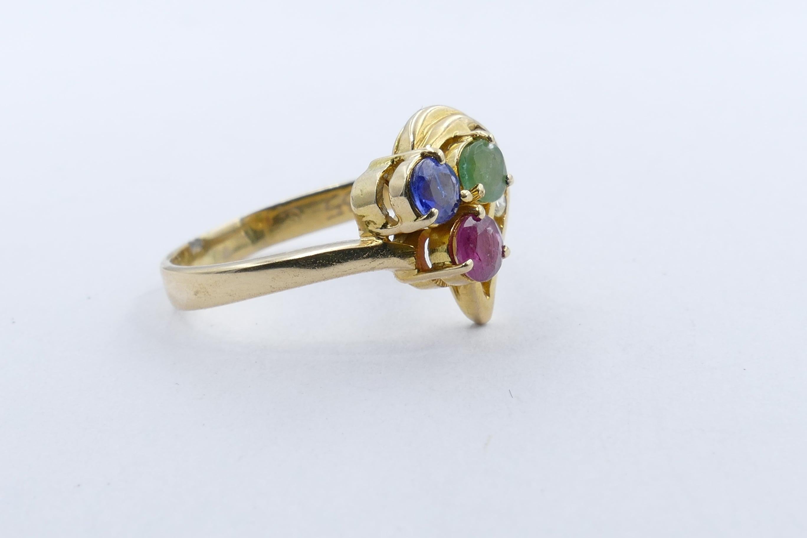 Modern 14 Carat Yellow Gold Ruby, Emerald, Sapphire and Diamond Ring For Sale