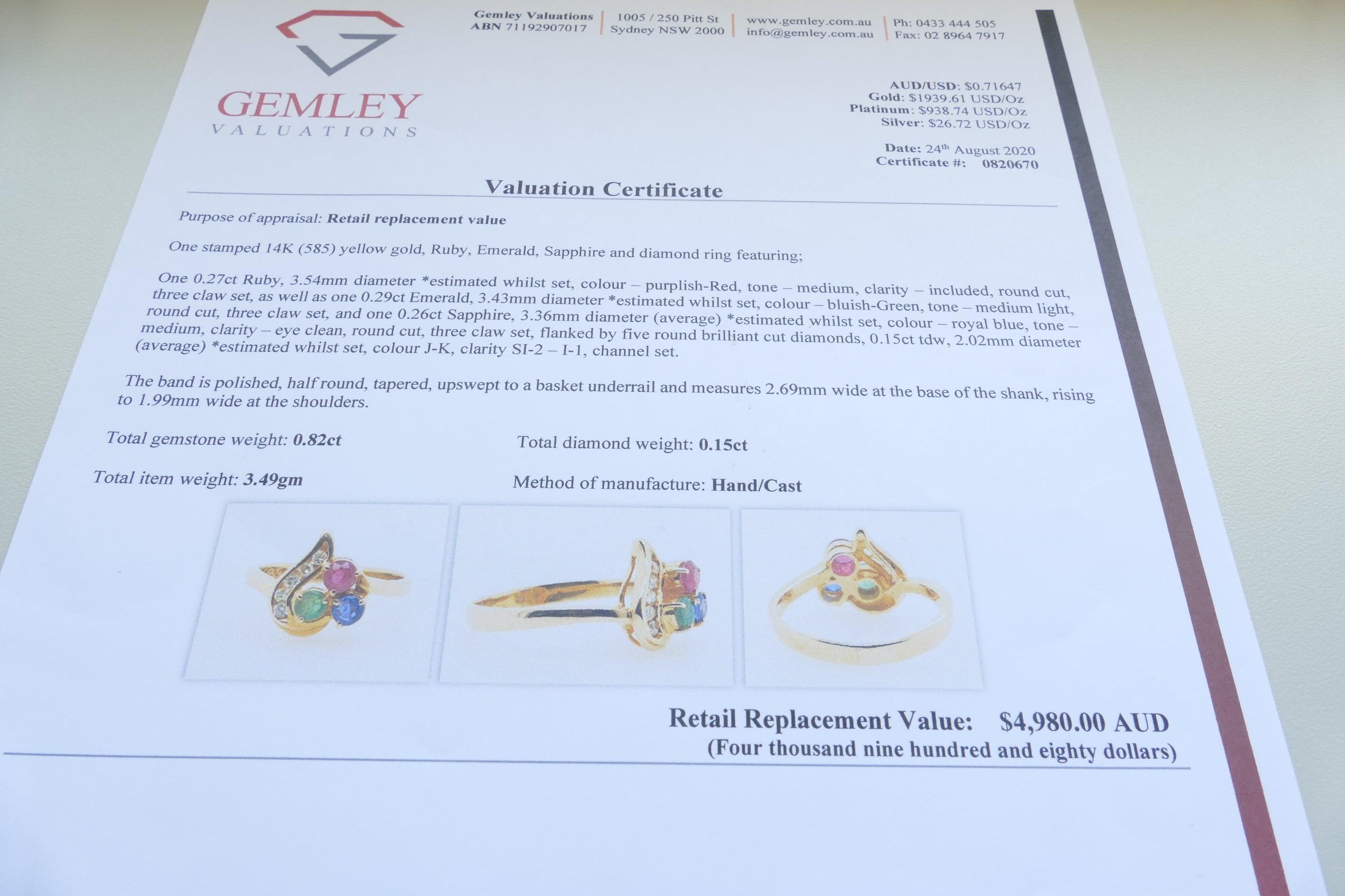 14 Carat Yellow Gold Ruby, Emerald, Sapphire and Diamond Ring For Sale 1