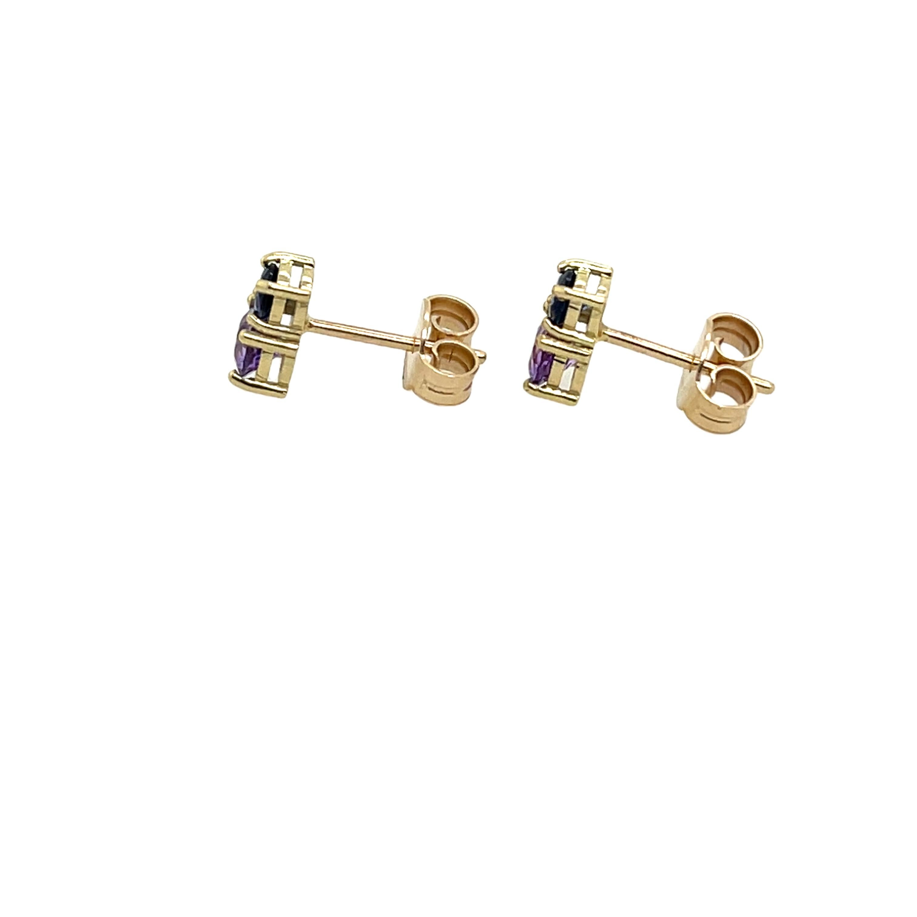 14ct Yellow Gold Sapphire & Amethyst Stud Earrings In New Condition For Sale In London, GB