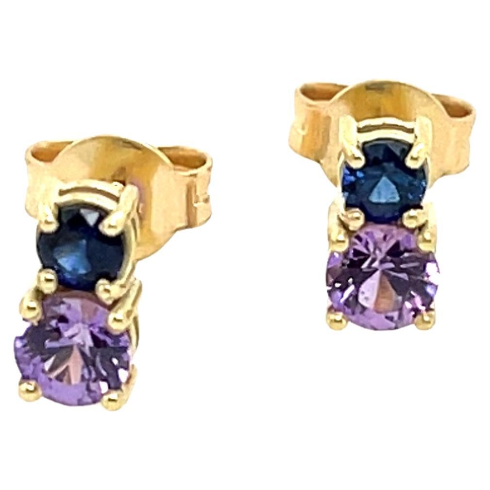 14ct Yellow Gold Sapphire & Amethyst Stud Earrings For Sale