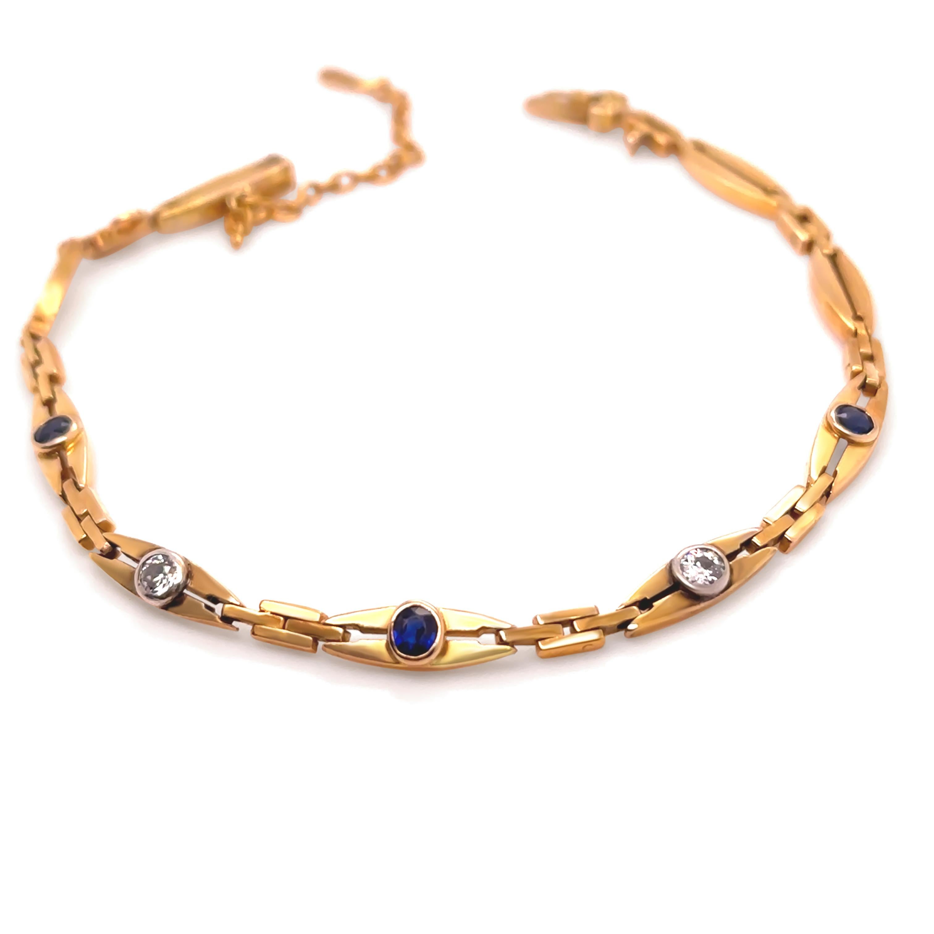 14ct Gelbgold Saphir und Diamant-Armband 0,69ct 9,83g (Alteuropäischer Schliff) im Angebot