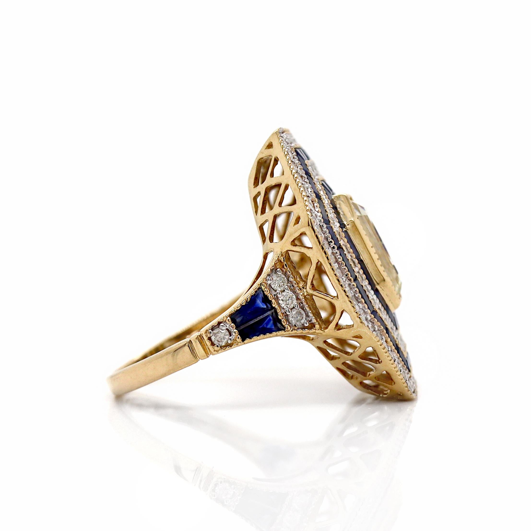 Art Deco 14CT Yellow Gold Sapphire And Diamond Cocktail Ring For Sale