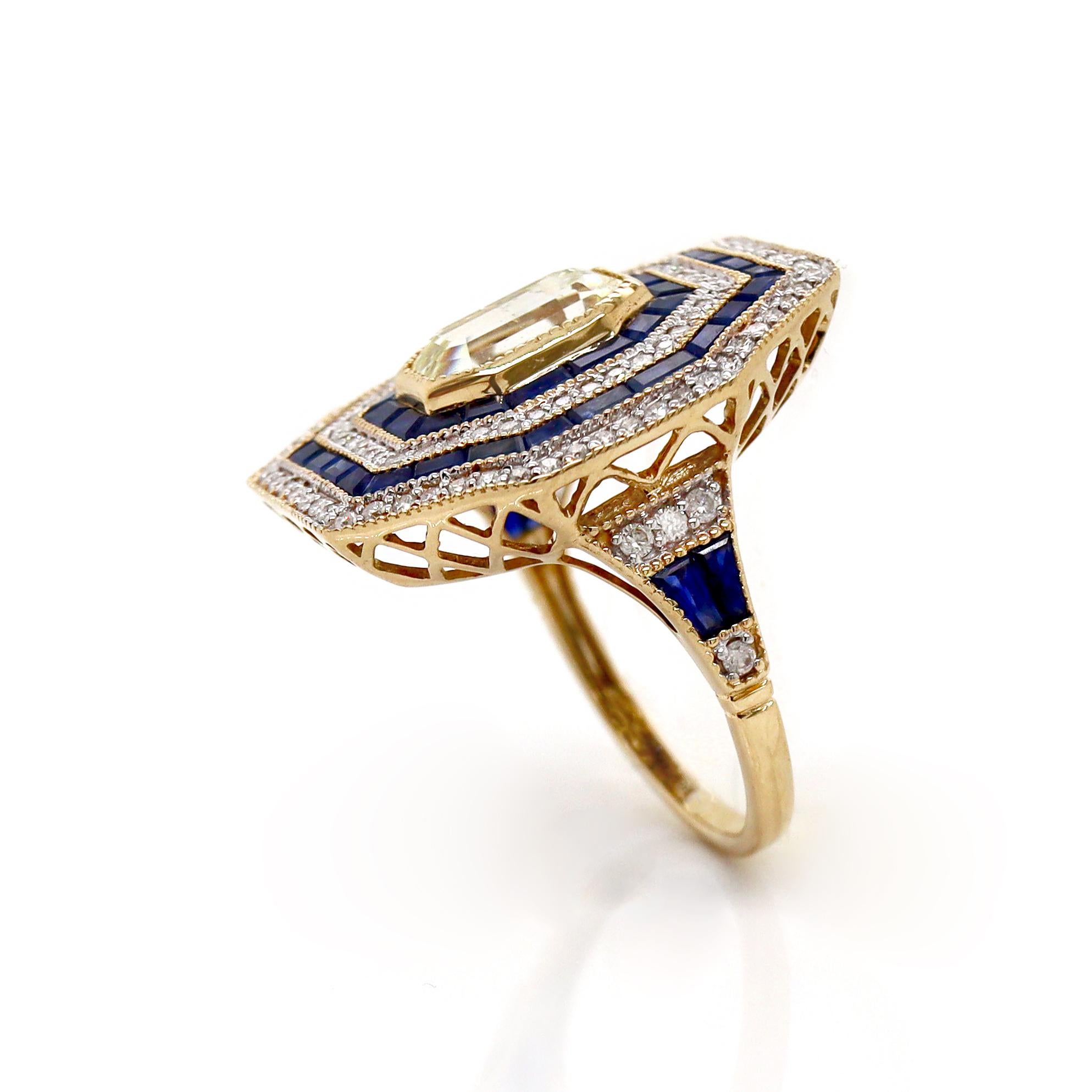Emerald Cut 14CT Yellow Gold Sapphire And Diamond Cocktail Ring For Sale
