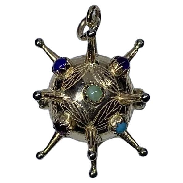 Pendente a sfera Sputnik con più pietre preziose in oro giallo 14ct.