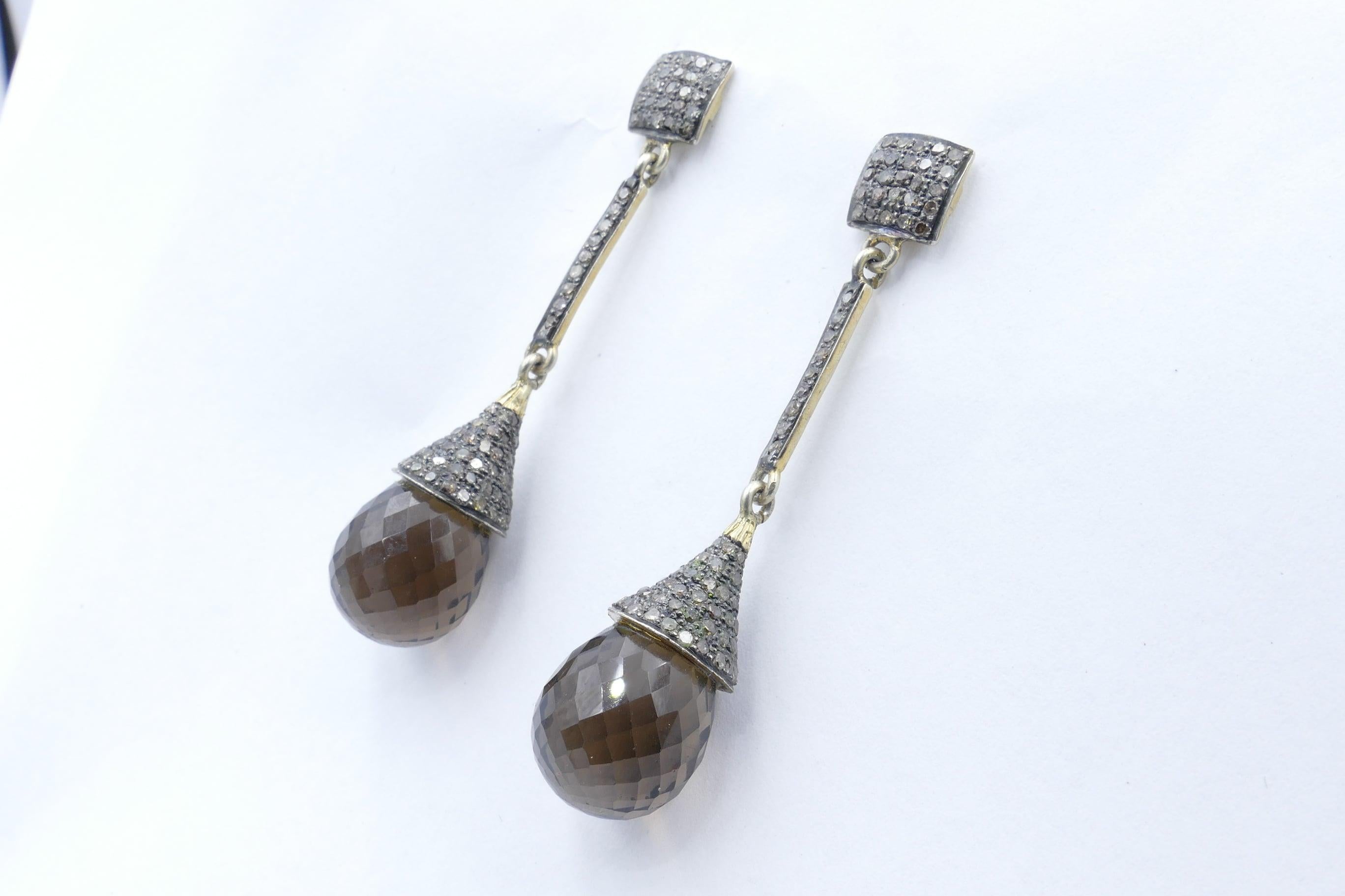 These very striking Earrings have 2 Briolette Cut Smoky Quartz set as the lower drop with 216 single cut Diamonds on the cap, stem & stud. They are quite long at 6.3mm but very effective.
Total Smoky Quartz weight 43.80 carats
Total Diamond weight
